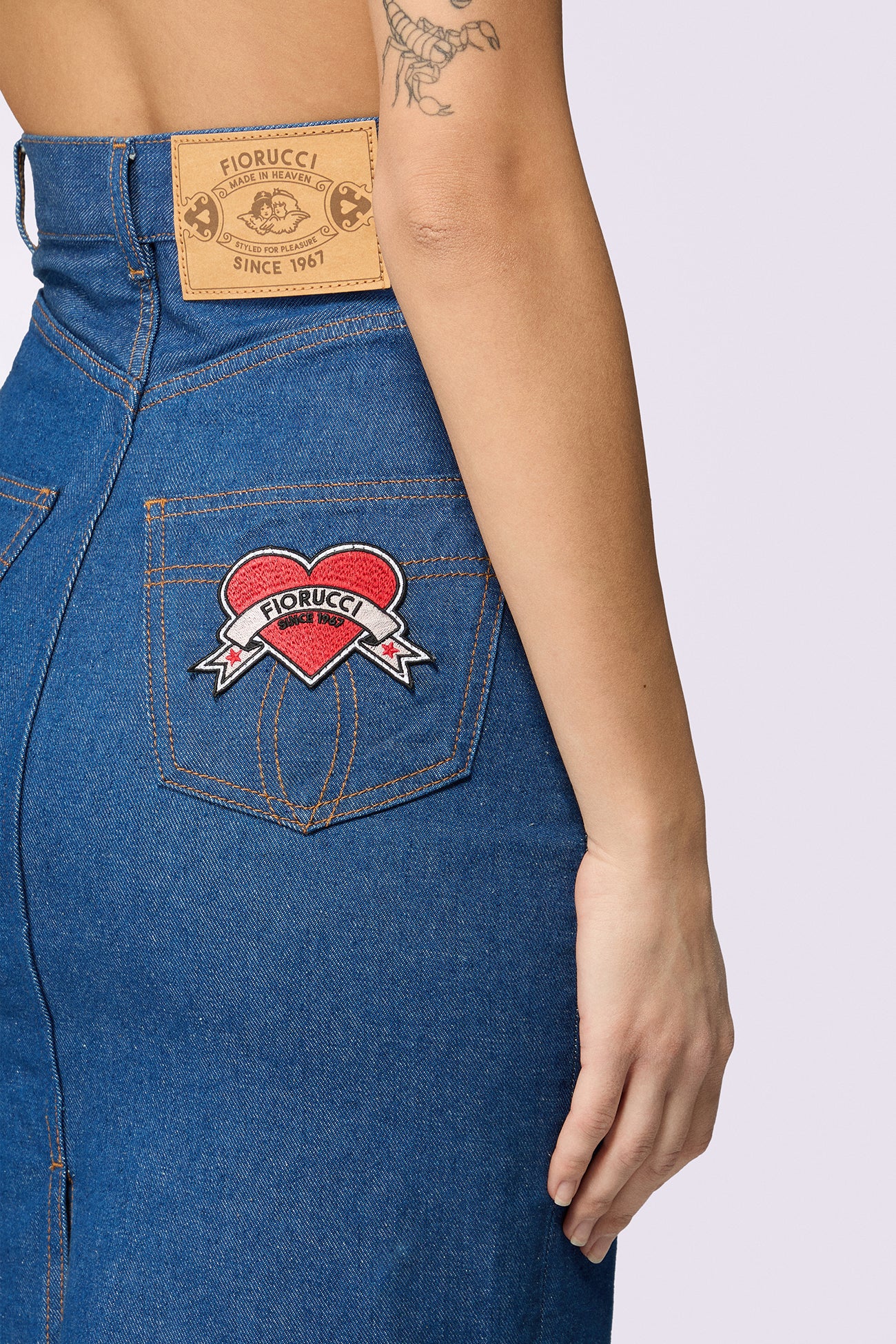 Heart Patch Denim Midi Skirt Rinse Blue