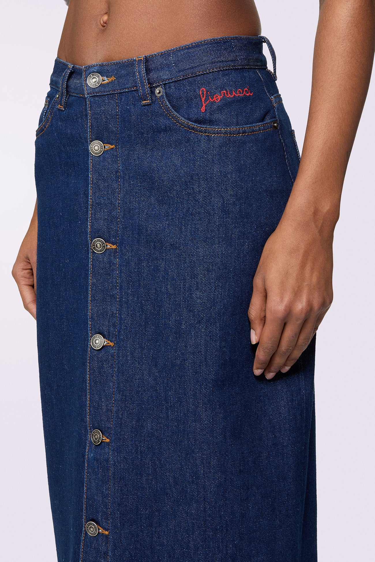 Embroidered Denim Maxi Skirt Deep Blue