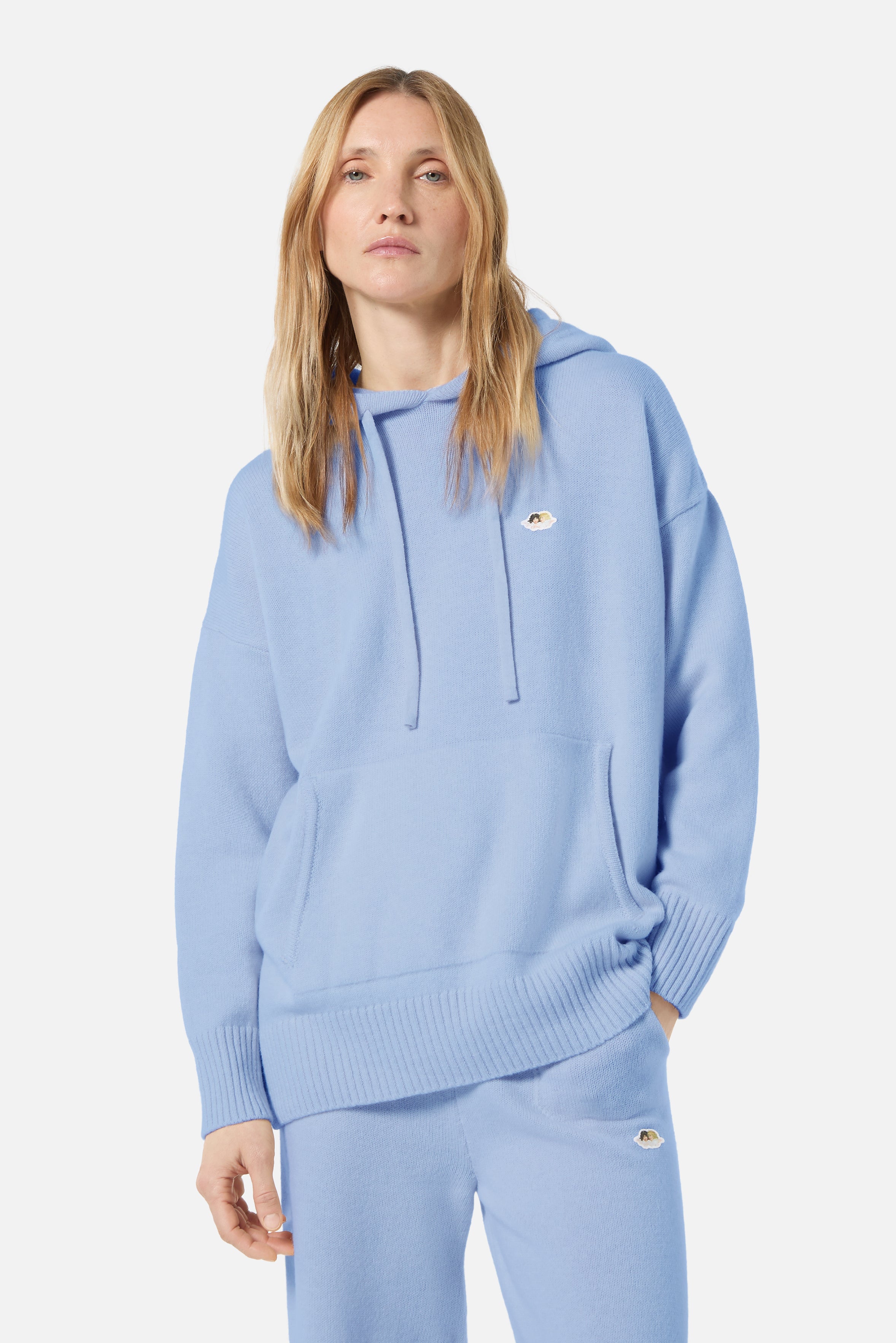 Angels Patch Knit Hoodie Light Blue
