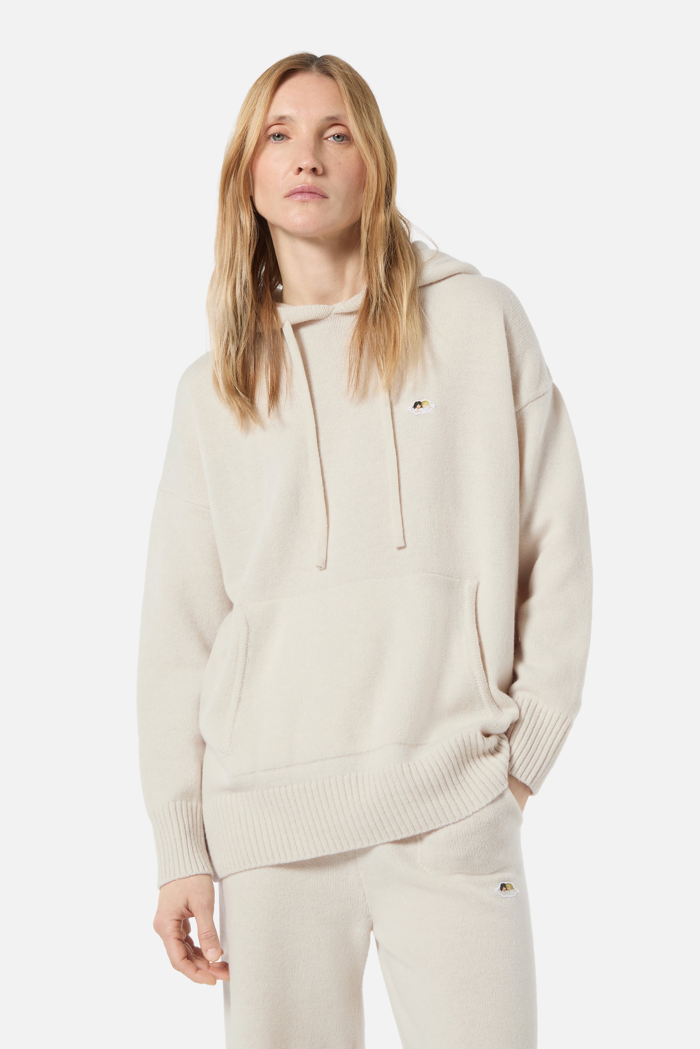 Angels Patch Knit Hoodie Beige