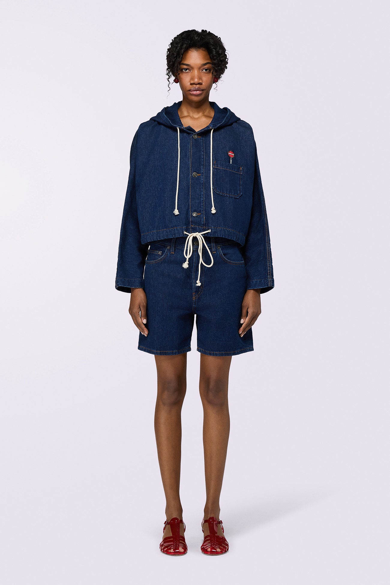 Lollipop Patch Denim Hoodie Deep Blue