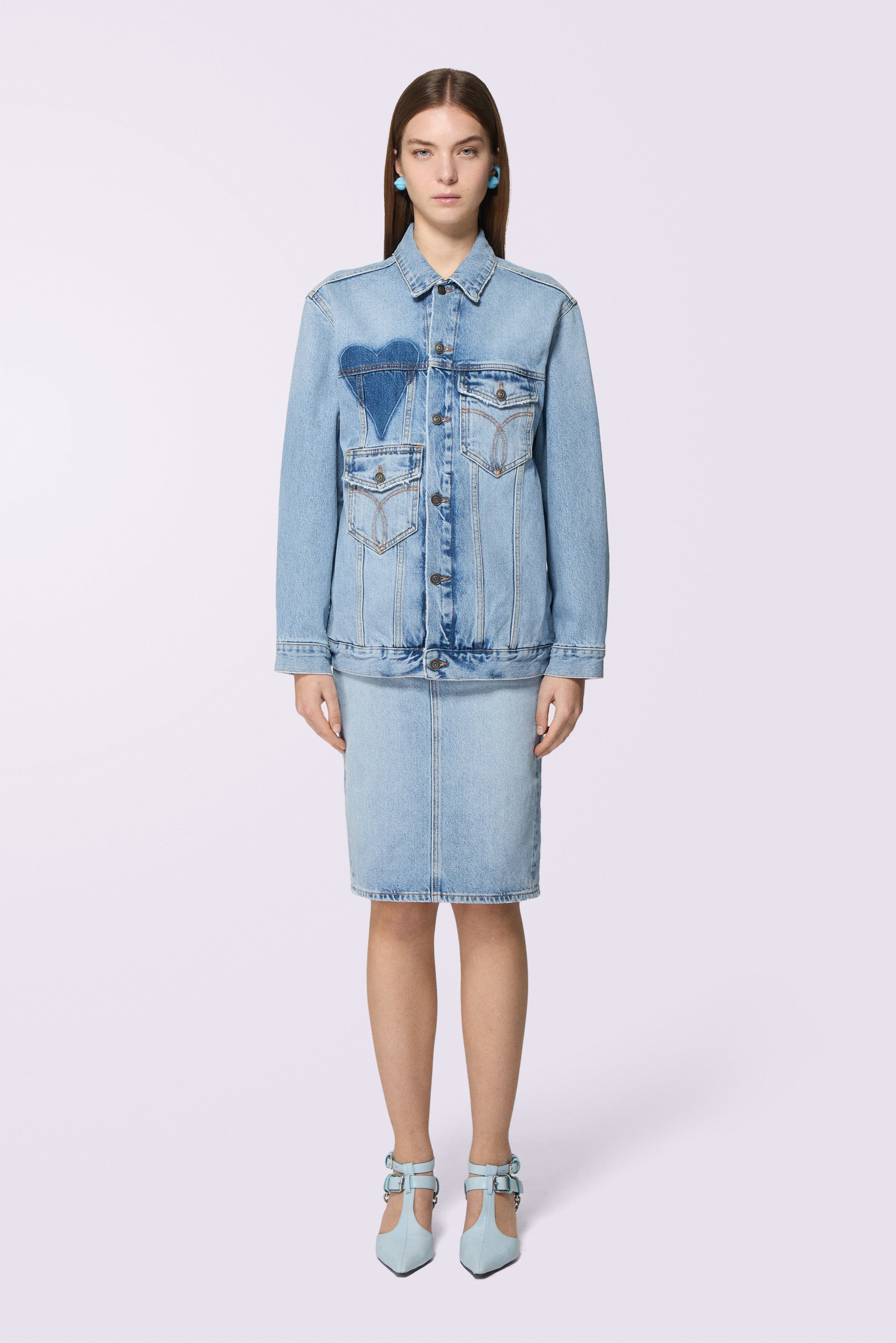 Giacca di Jeans con Tasca a Cuore Azzurra