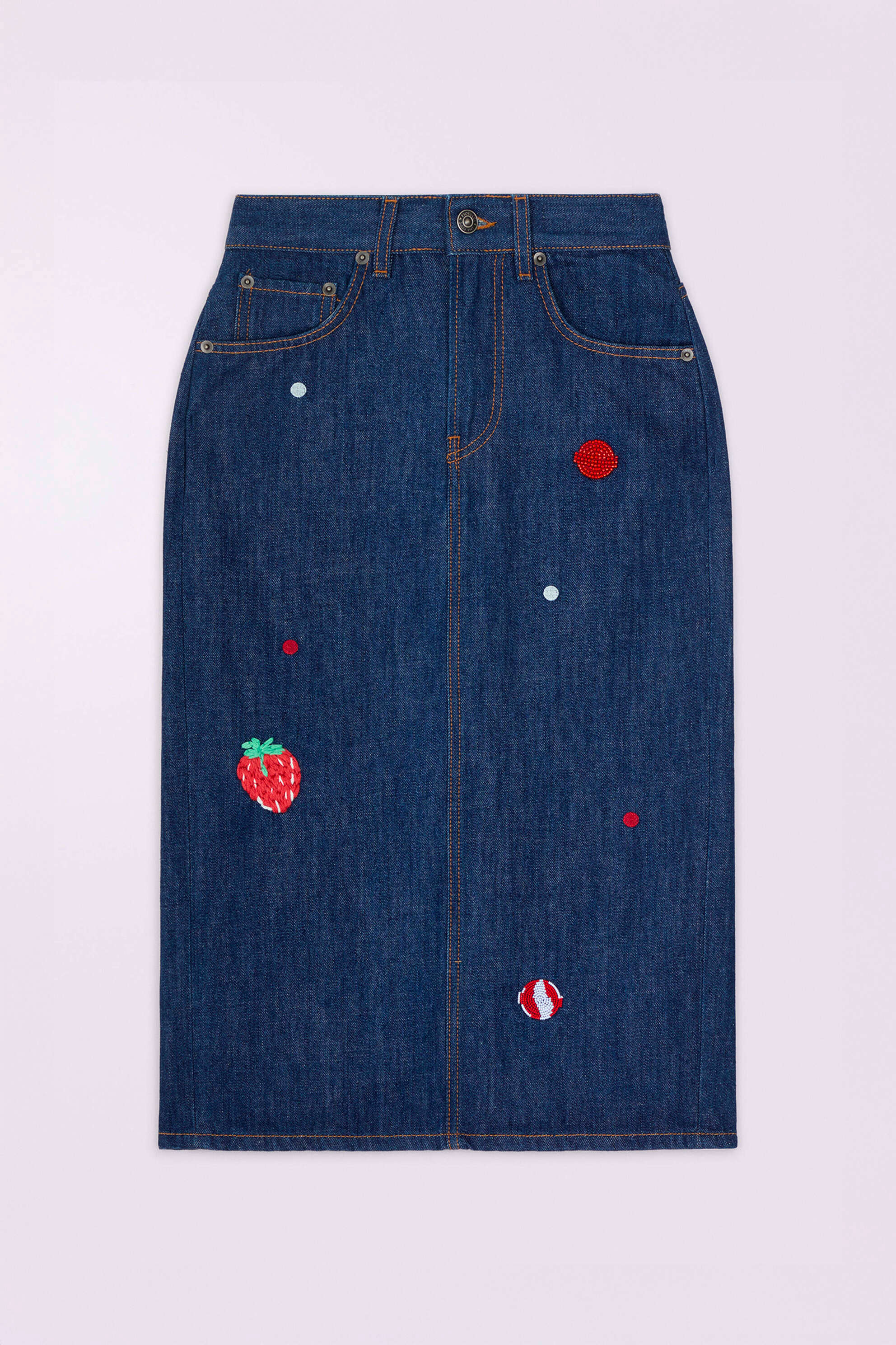 Gonna Midi di Jeans con Dinosauro Blu Rinse