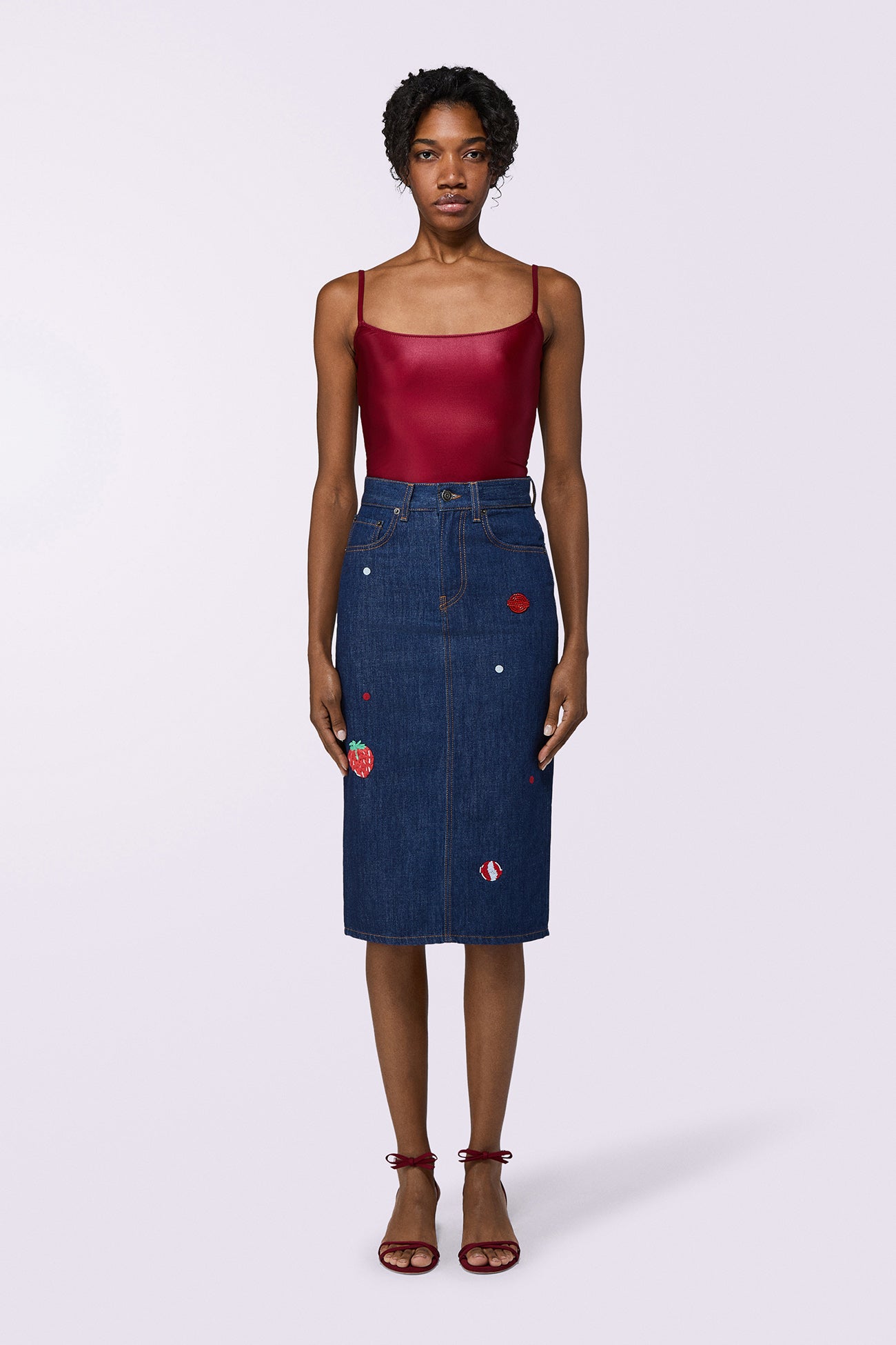 Gonna Midi di Jeans con Dinosauro Blu Rinse