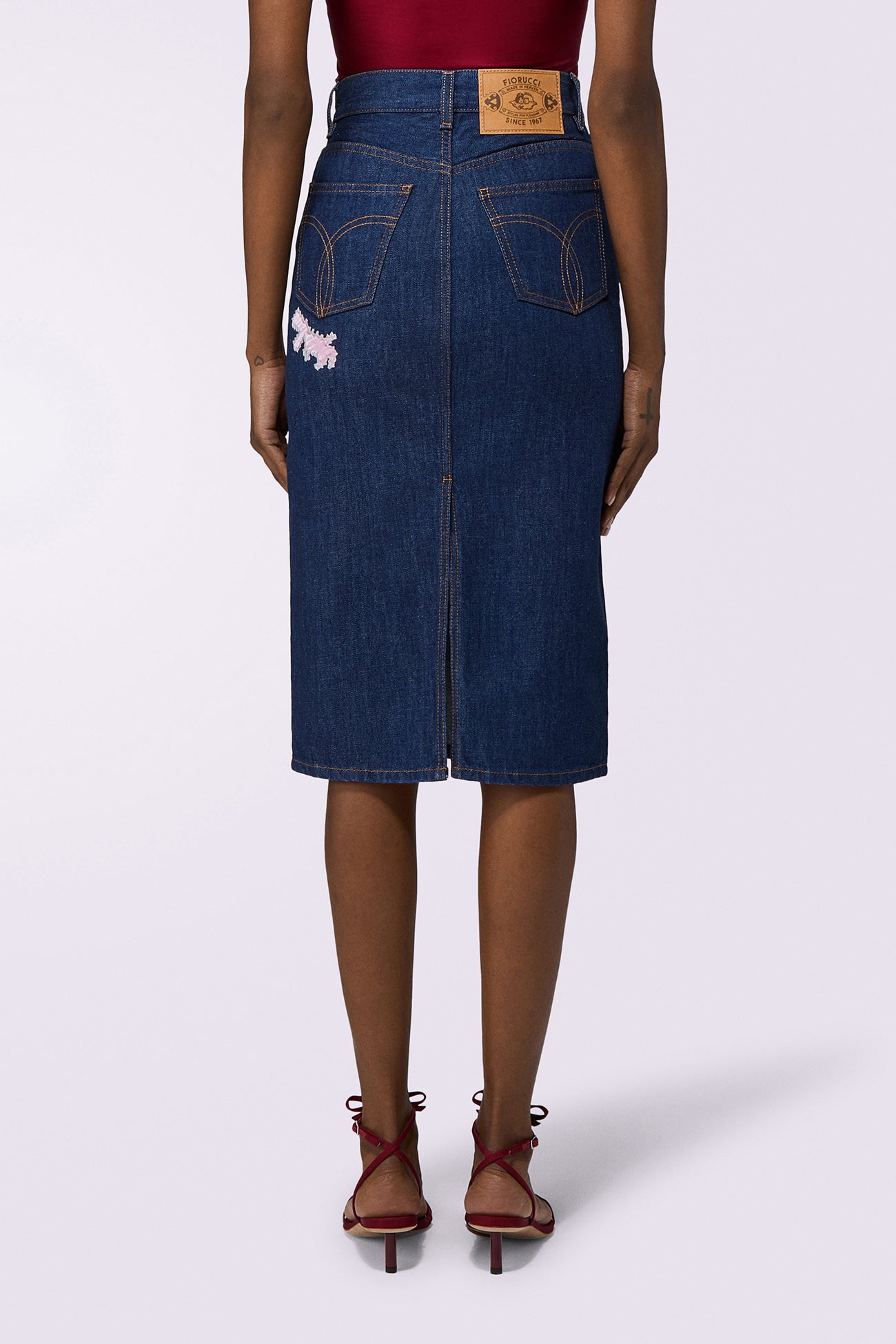 Gonna Midi di Jeans con Dinosauro Blu Rinse