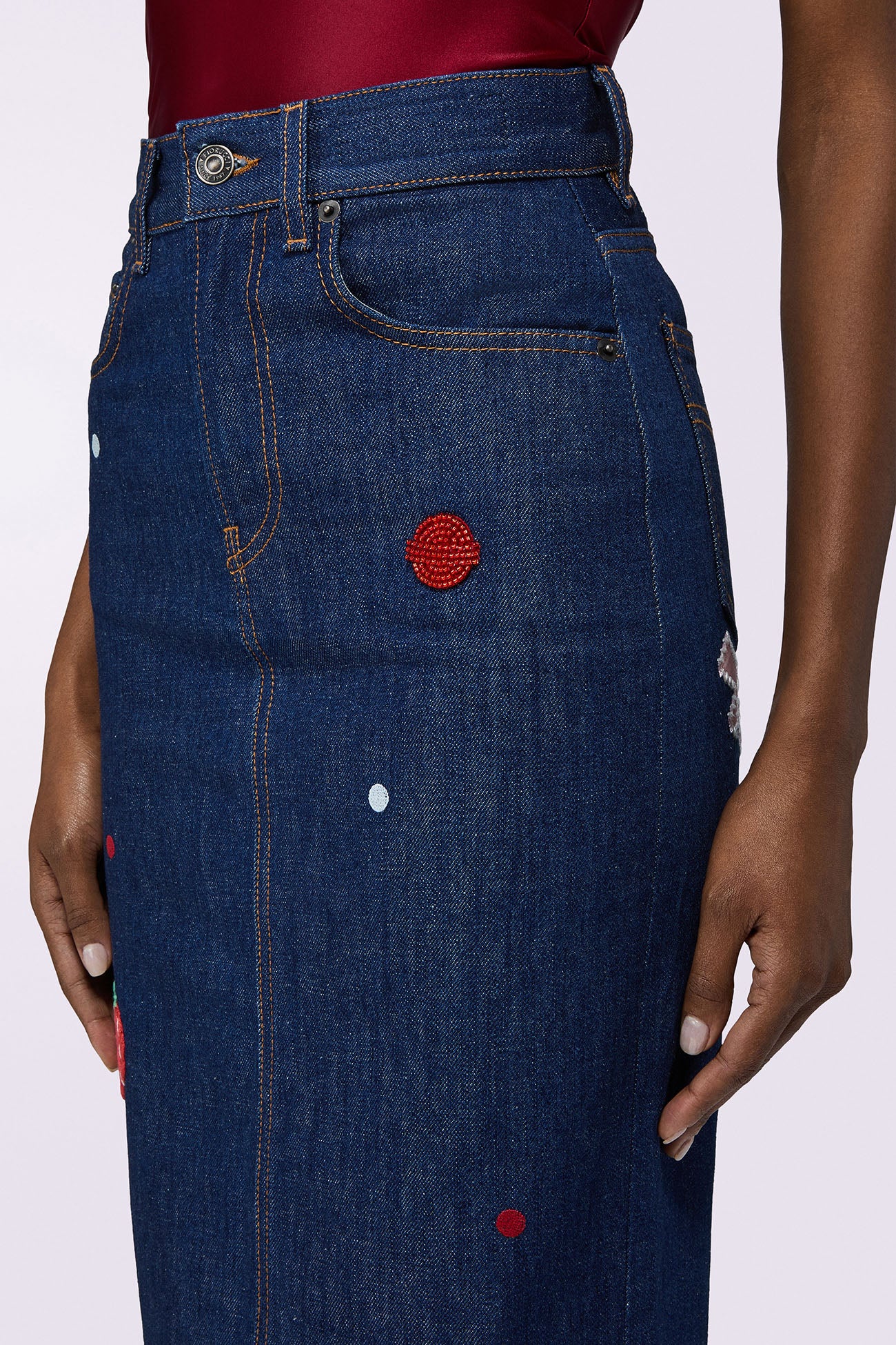 Gonna Midi di Jeans con Dinosauro Blu Rinse