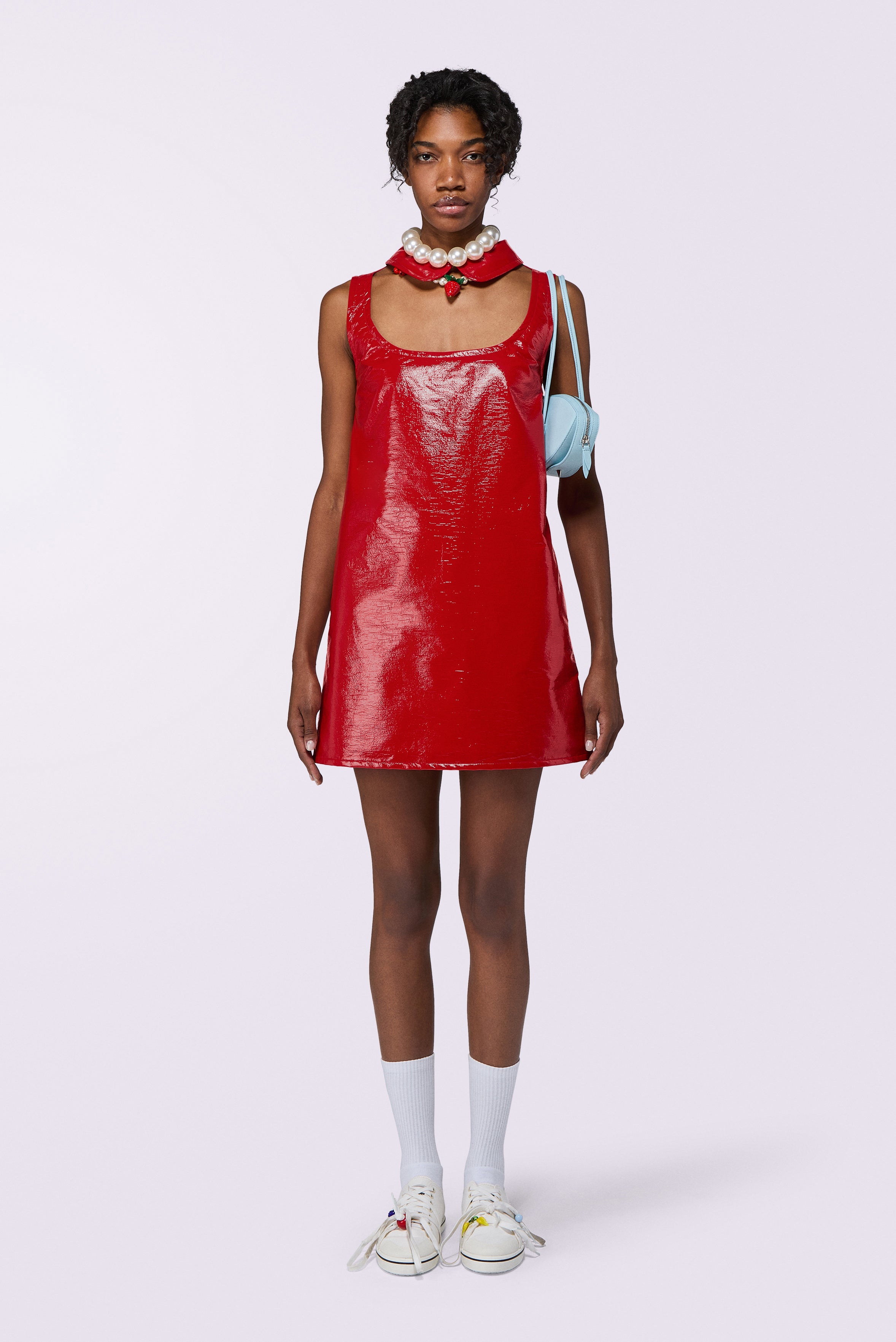 Collar Cutout Vinyl Mini Dress Red