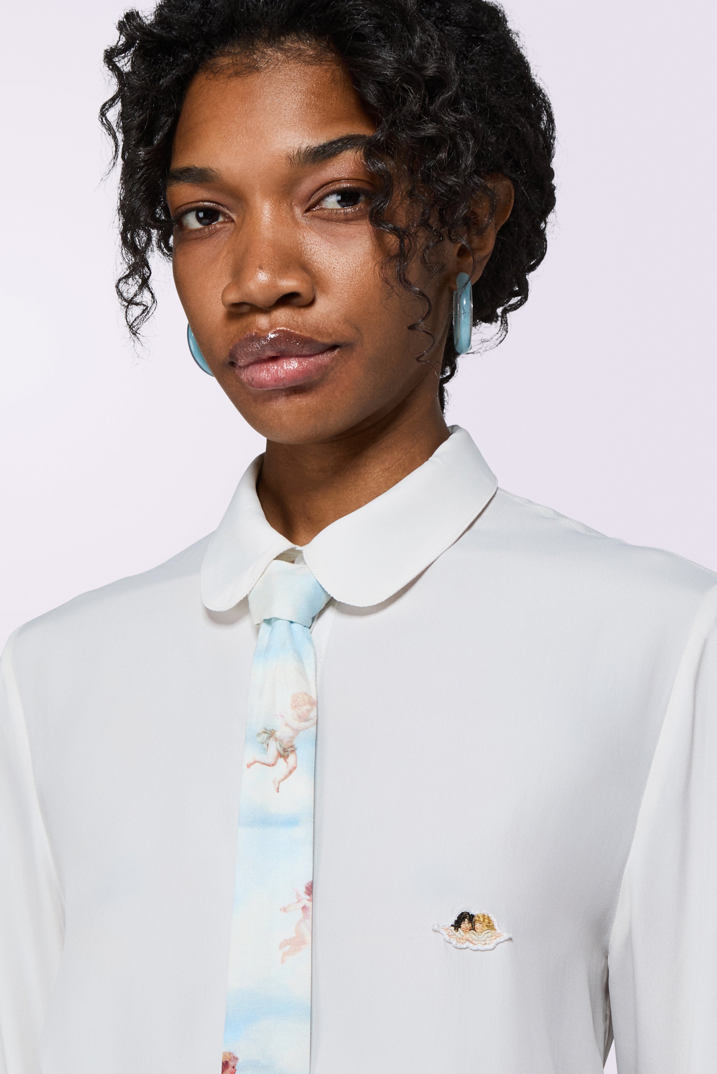 Camicia Patch Angeli in Crepe de Chine Bianca