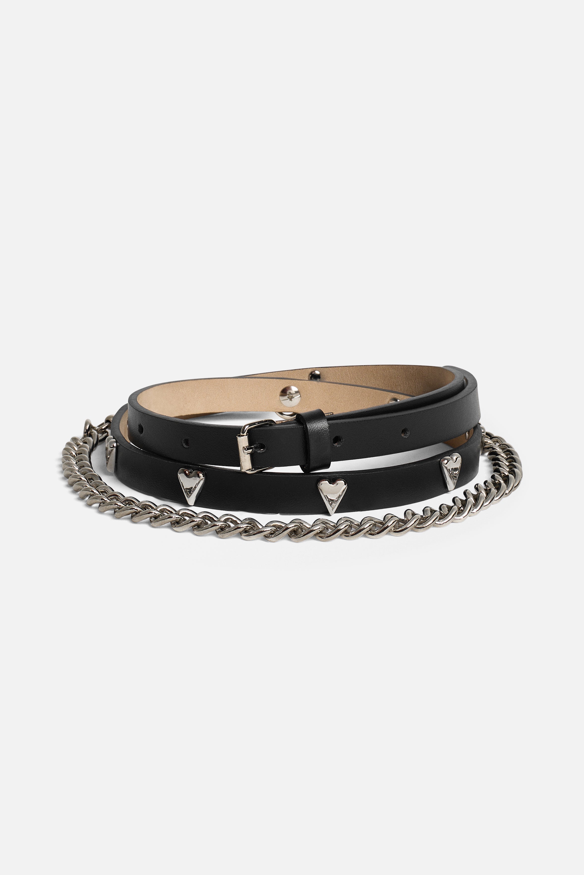 Thin Heart Studded Chain Leather Belt Black