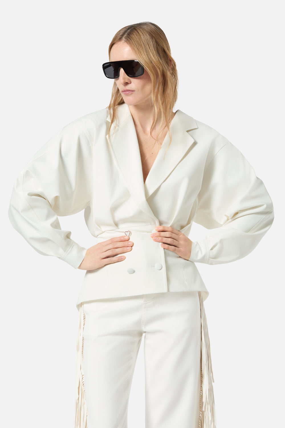 Blazer Corto con Maniche a Palloncino Bianco