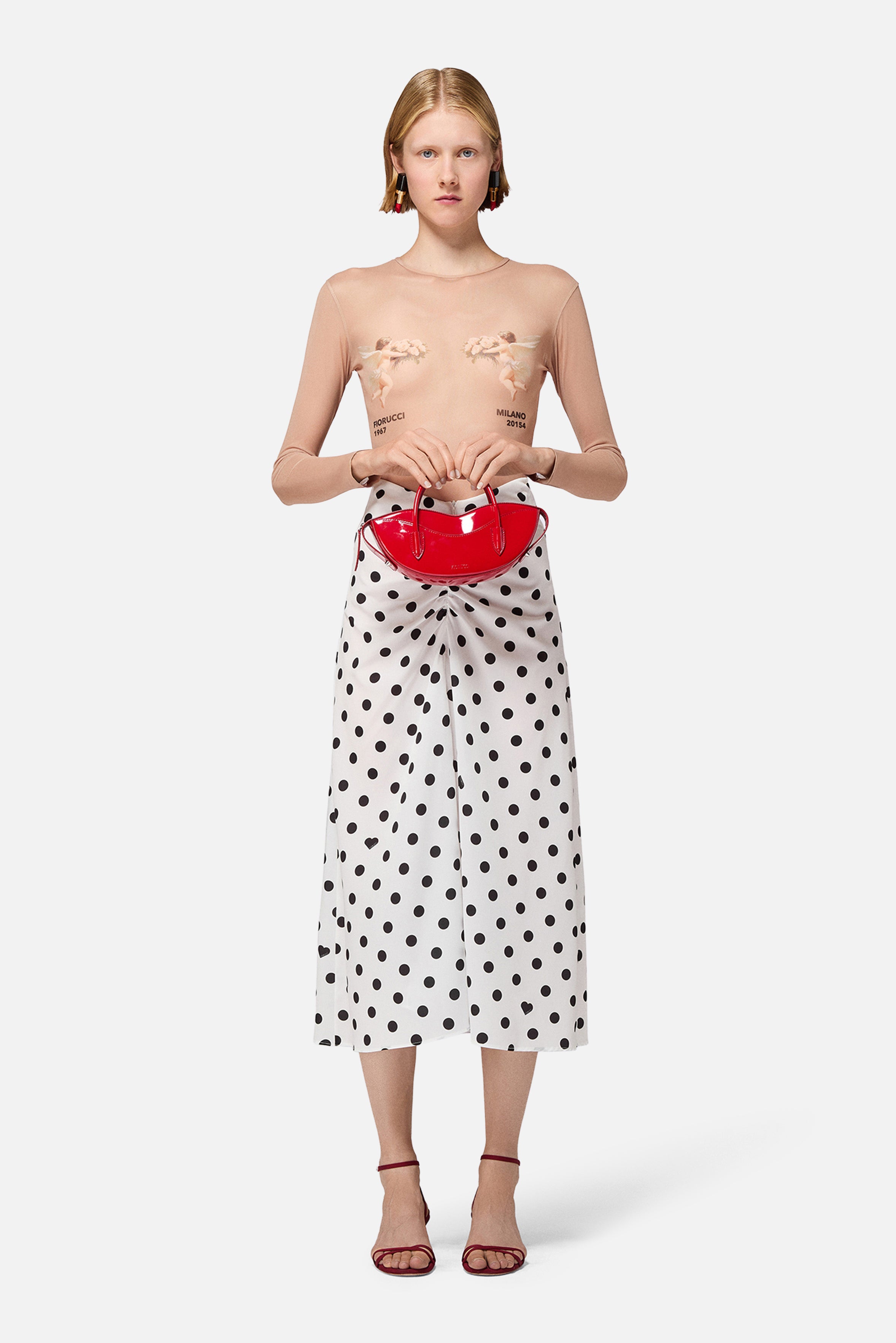 Polka Dot Gathered Midi Skirt White