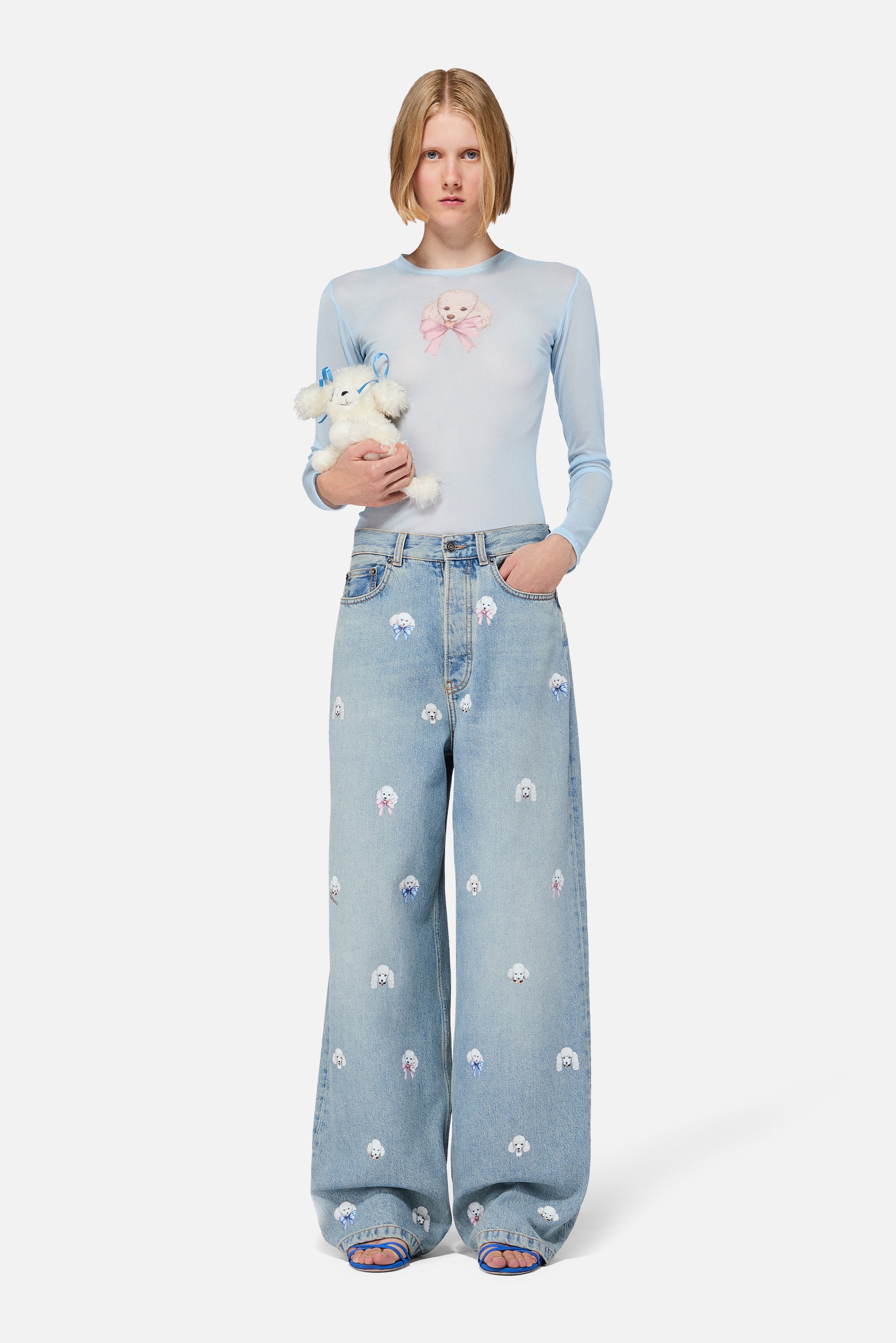 Poodle Print Baggy Jeans Light Blue