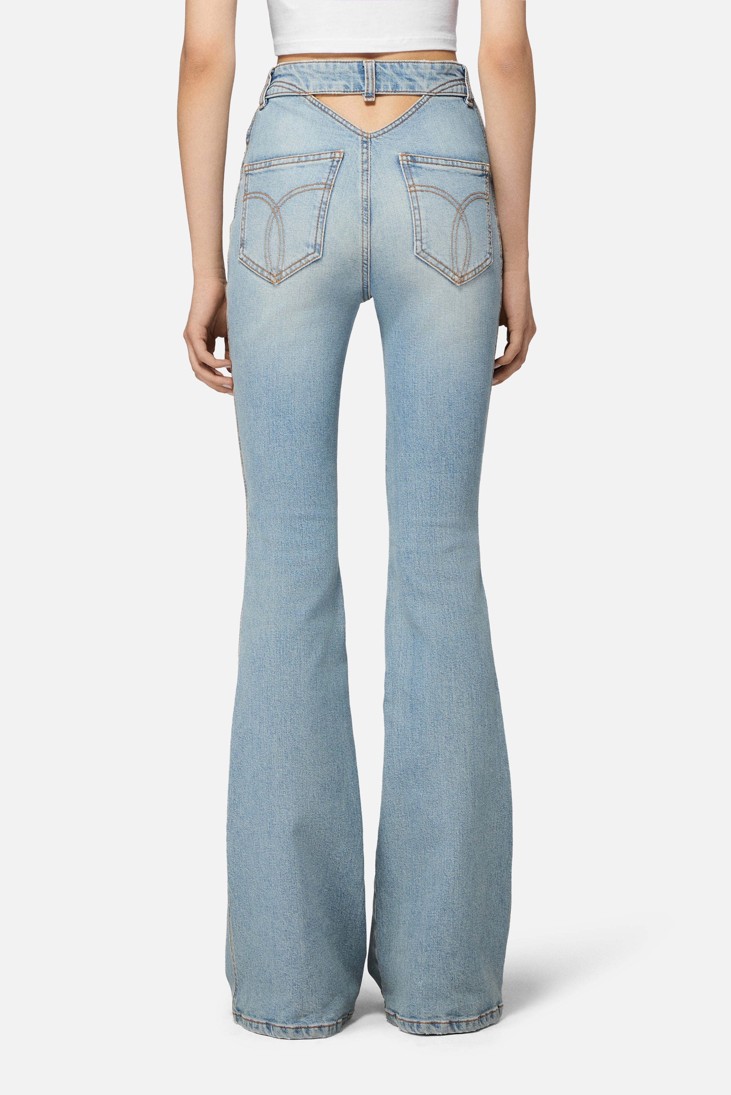 Cutout Pocket Flared Jeans Light Blue