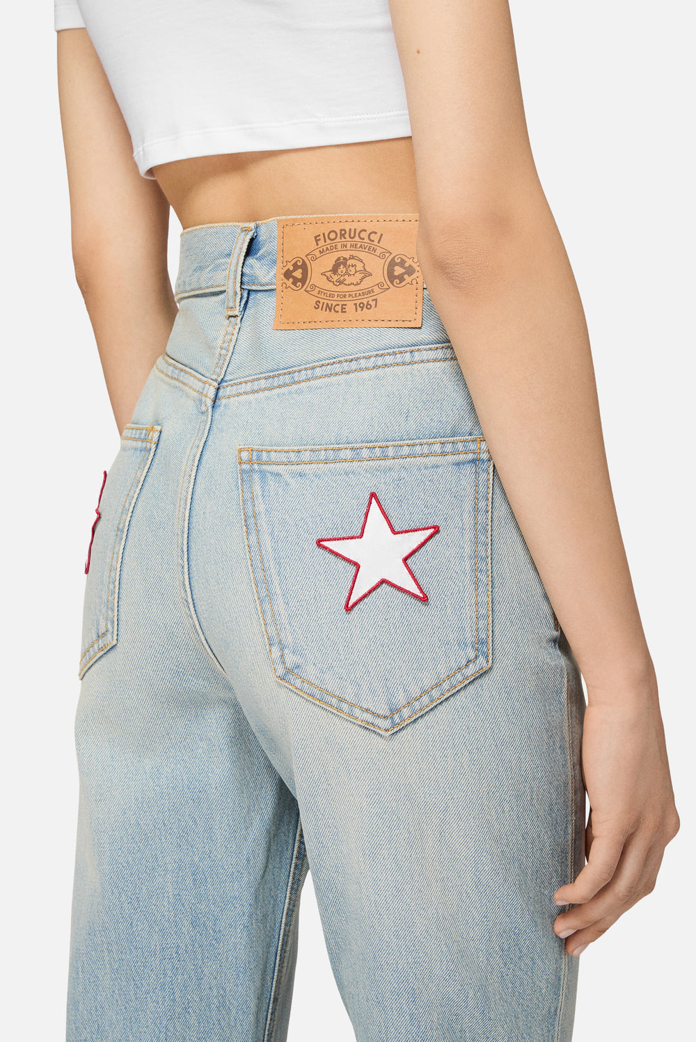 Double Star Patch Flared Jeans Light Blue