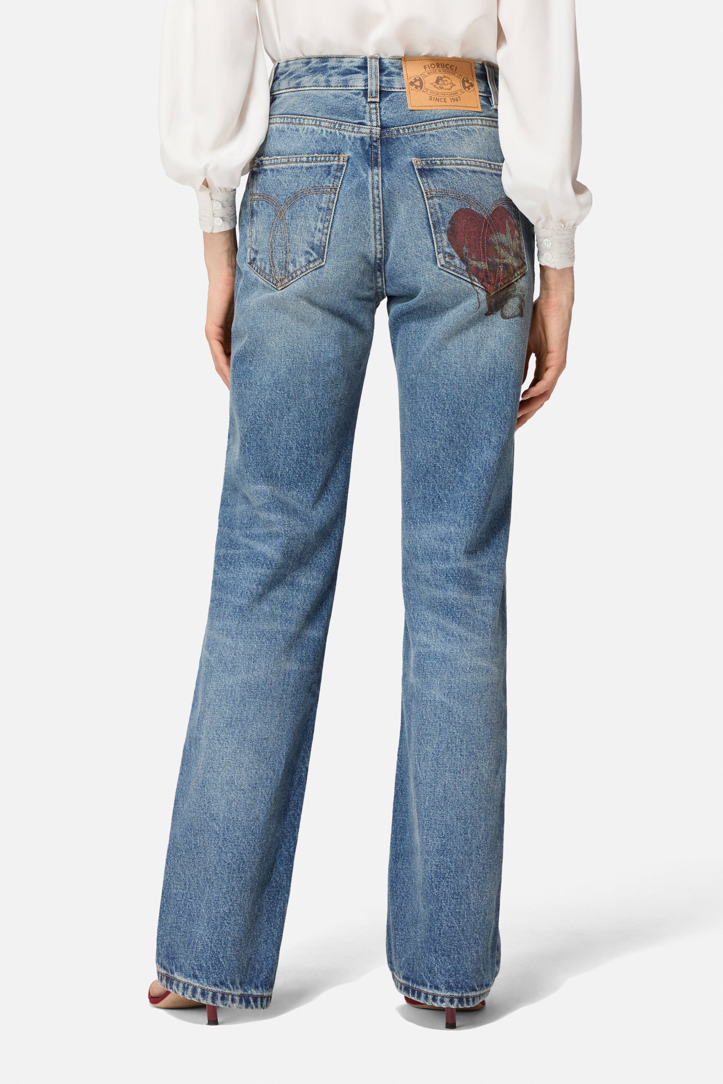 Rock Cupid Print Straight Jeans Mid Blue