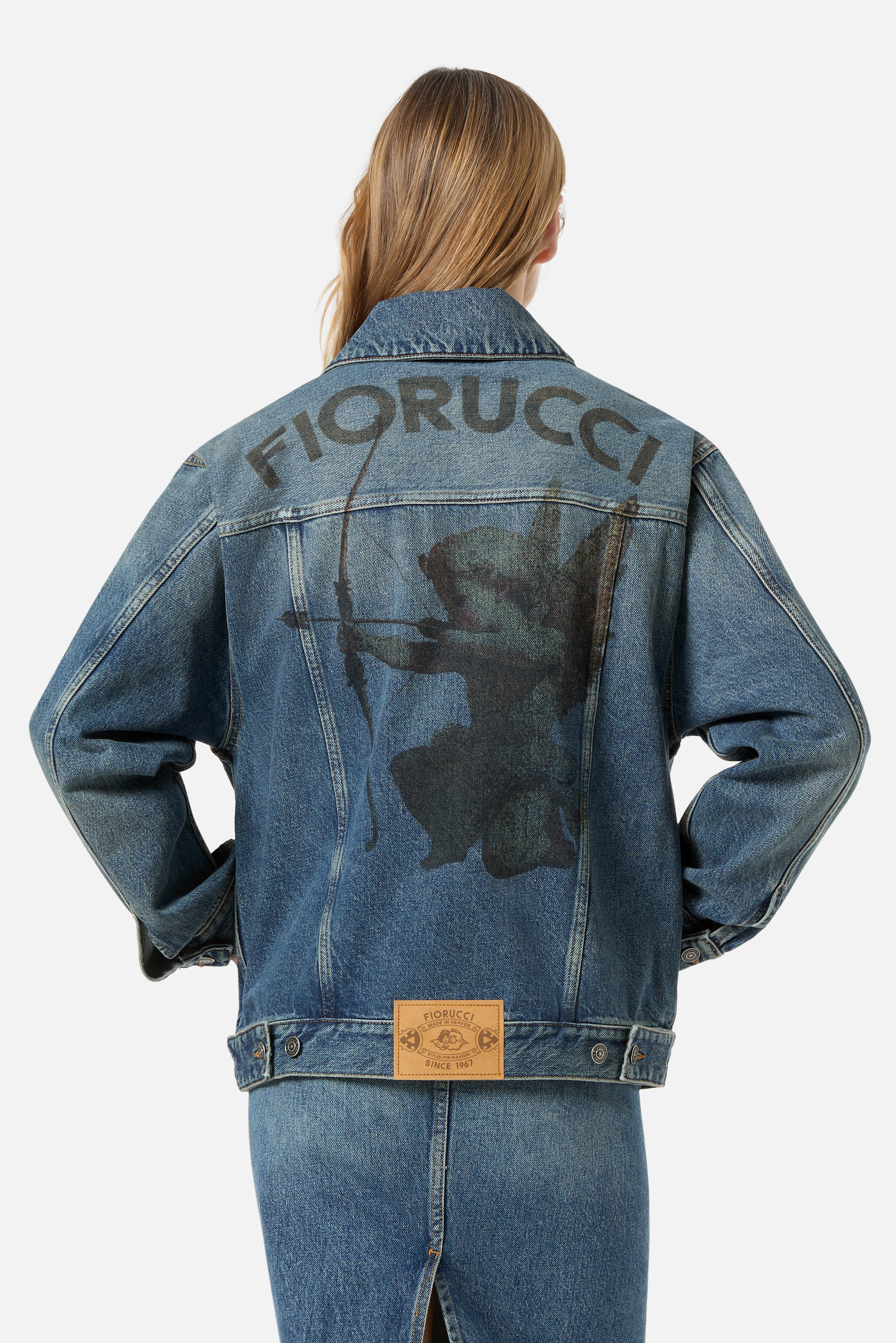 Rock Cupid Print Denim Jacket Mid Blue