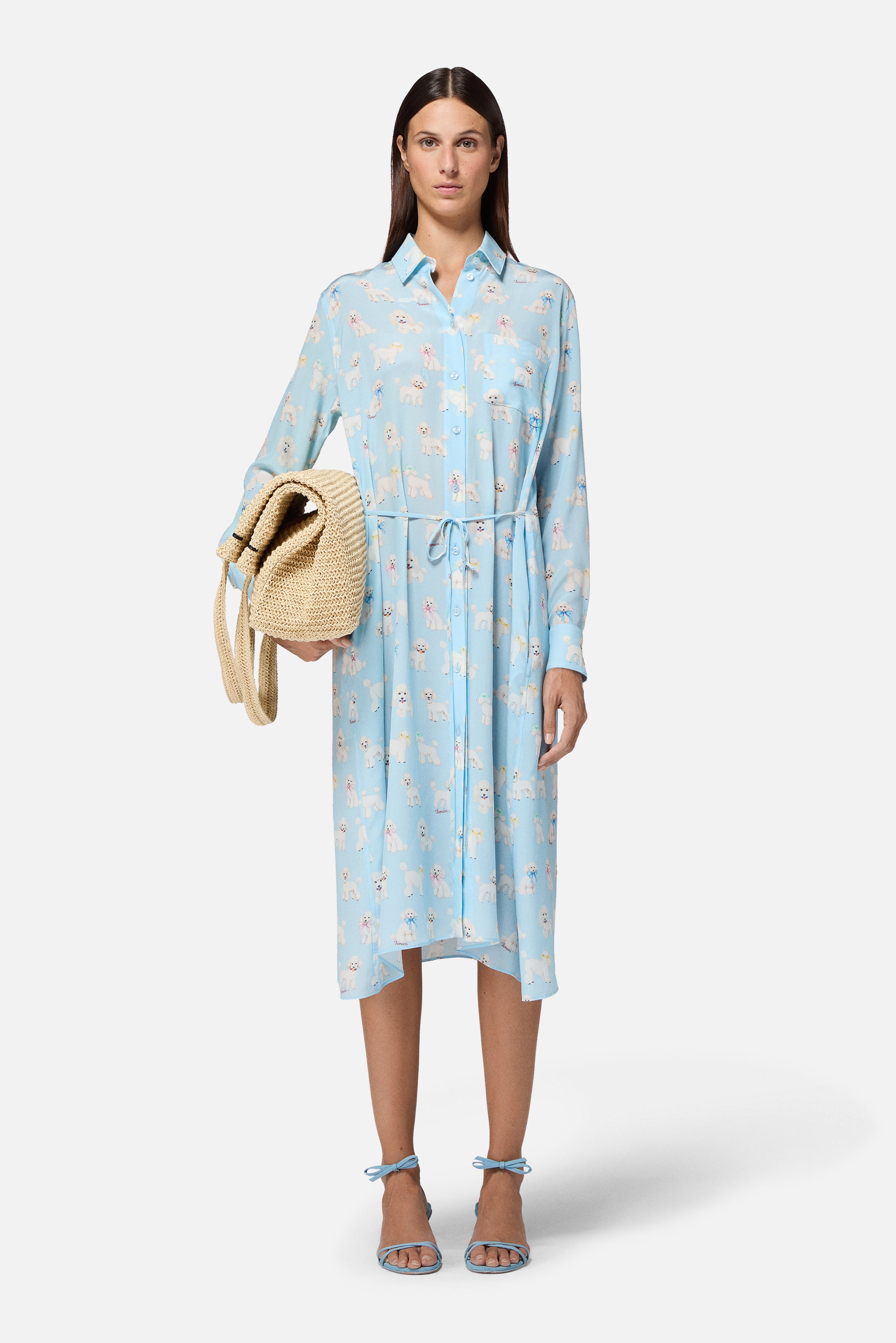 Poodle Print Midi Shirt Dress Light Blue