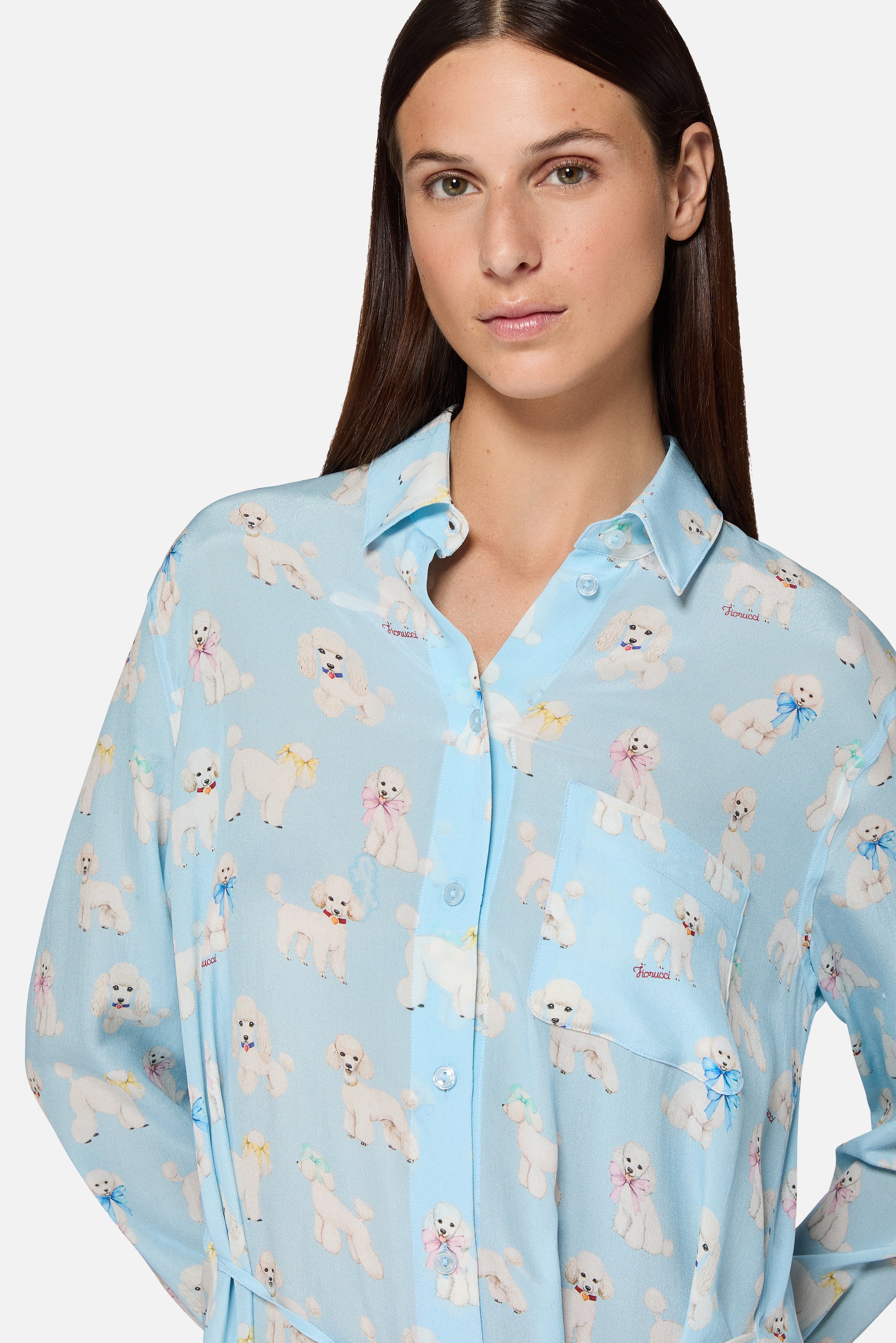 Poodle Print Midi Shirt Dress Light Blue