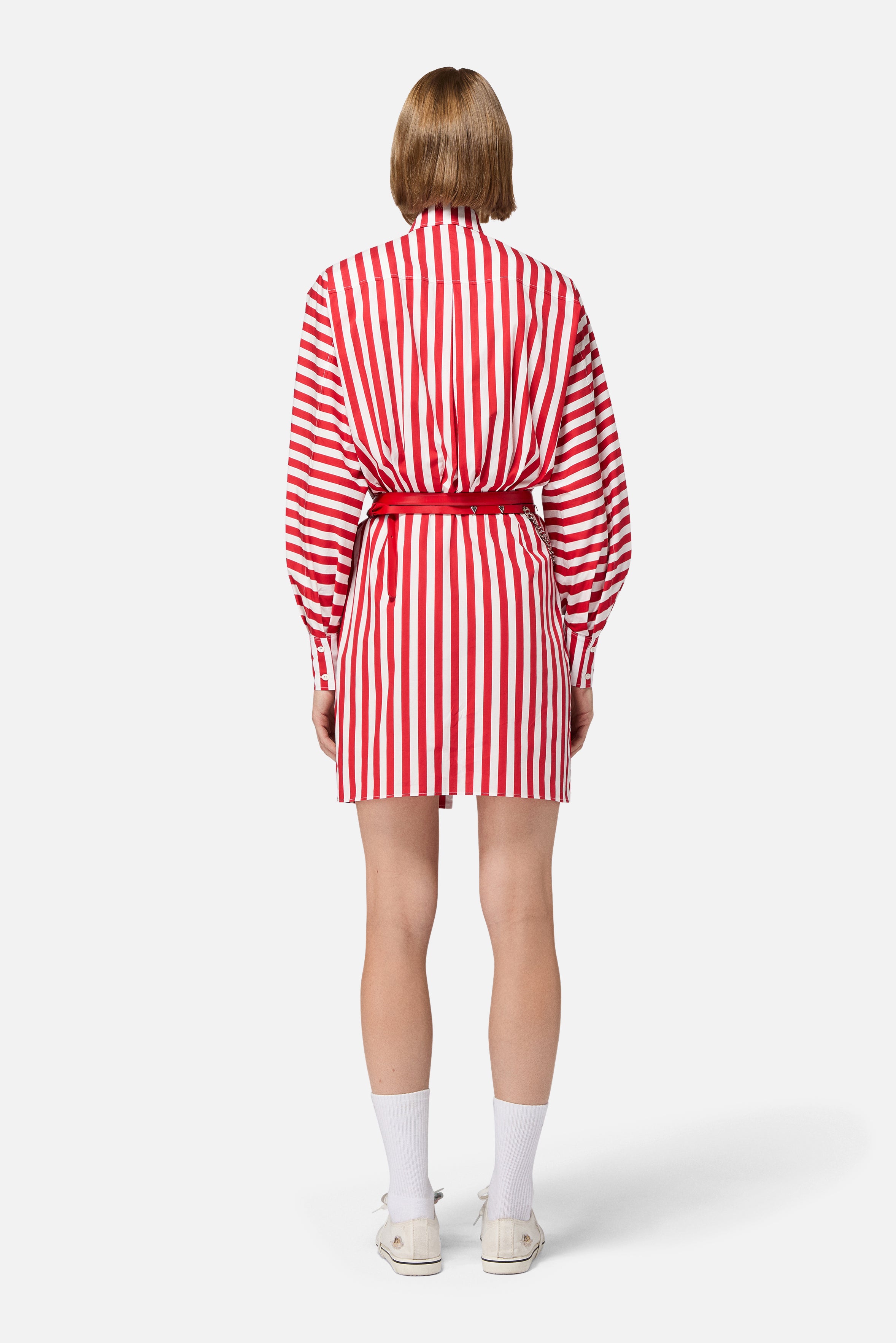 Mini Abito Chemisier con Stampa Popcorn a Righe Rosso