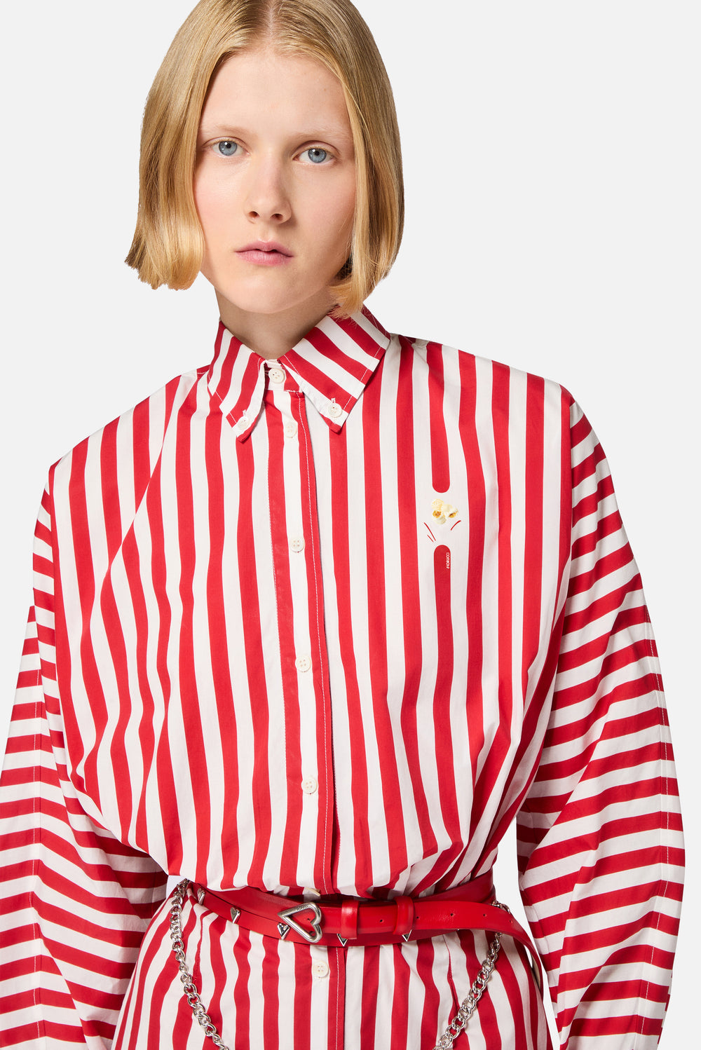 Mini Abito Chemisier con Stampa Popcorn a Righe Rosso