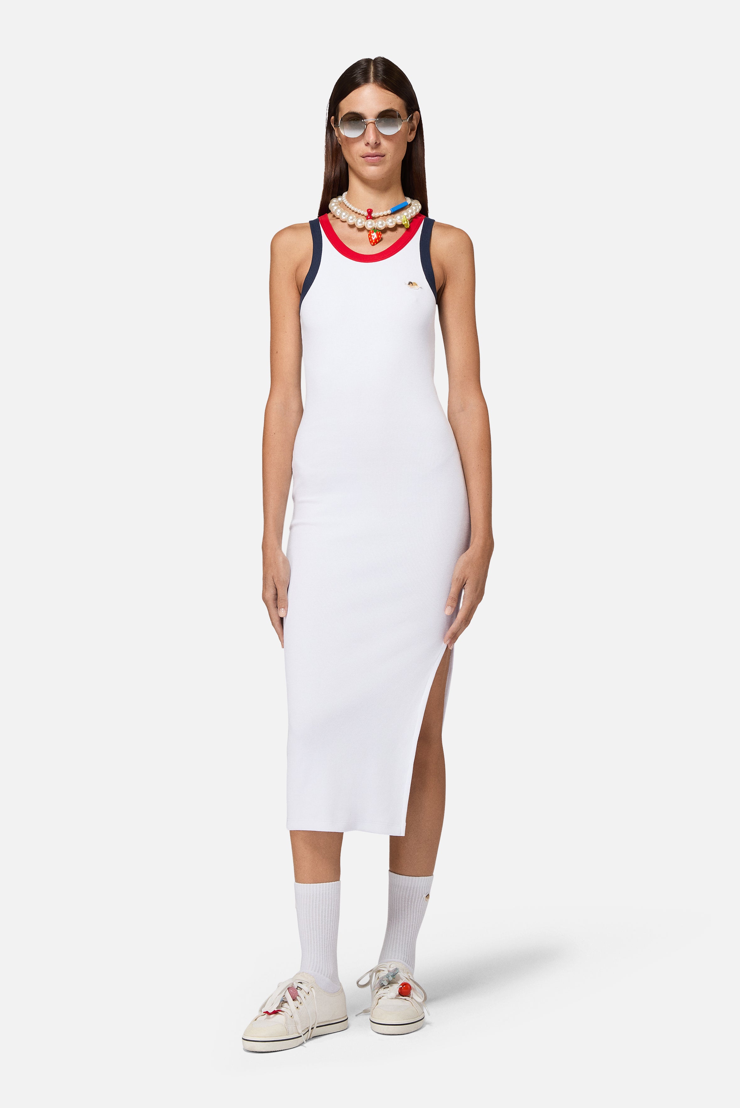 Contrast Trims Angels Patch Midi Dress White