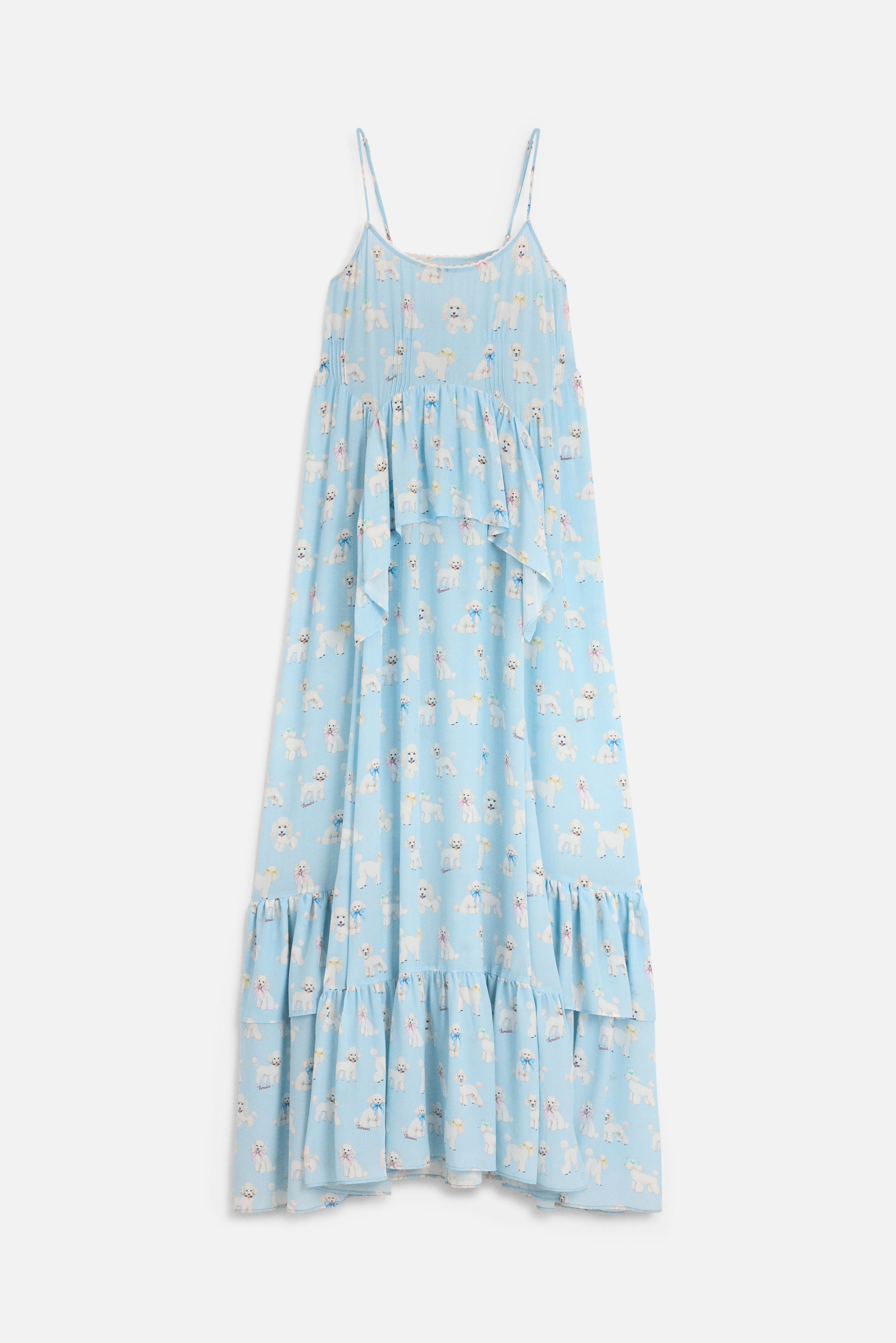 Poodle Print Maxi Dress with Ruffles Light Blue | Fiorucci