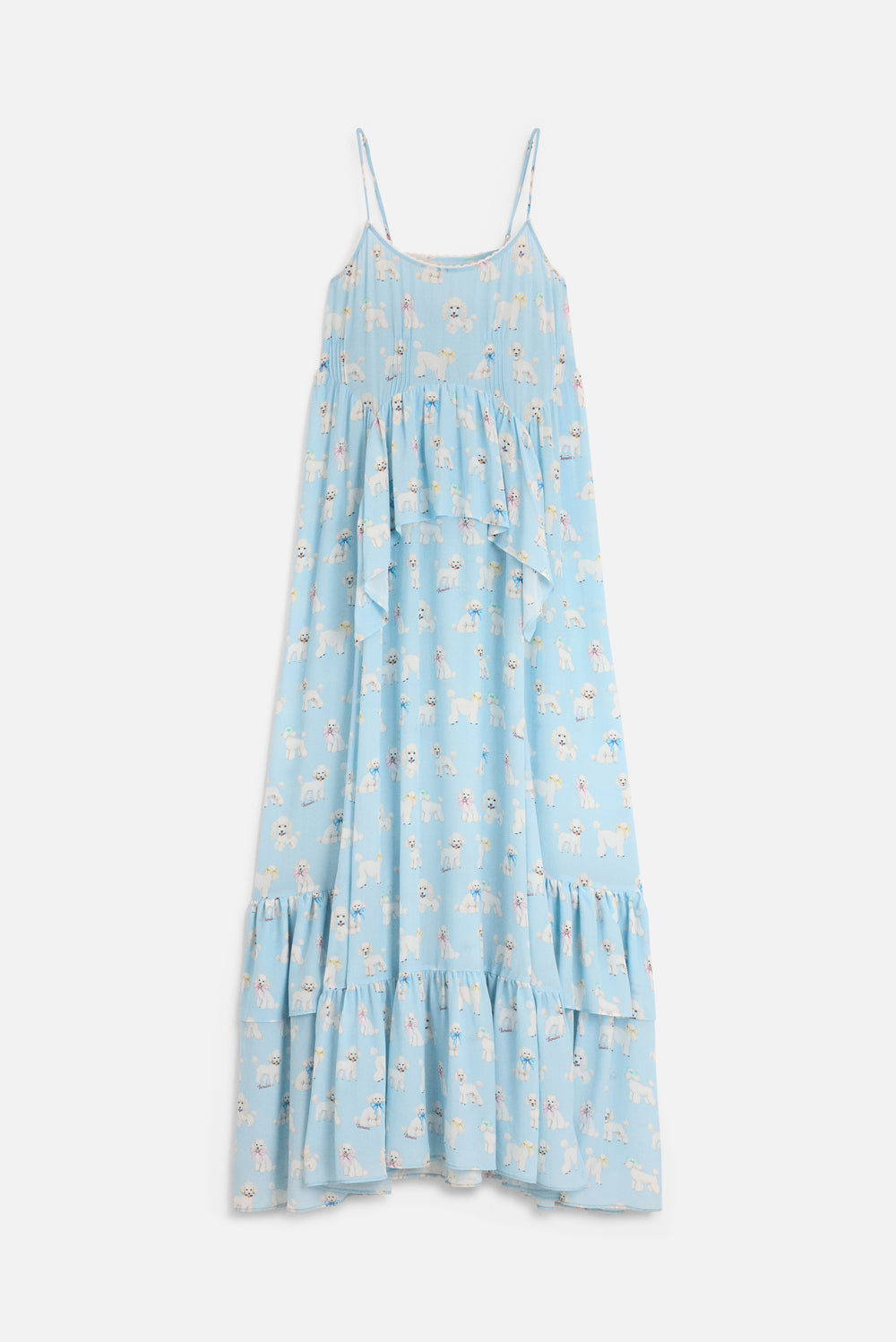 Poodle Print Maxi Dress with Ruffles Light Blue