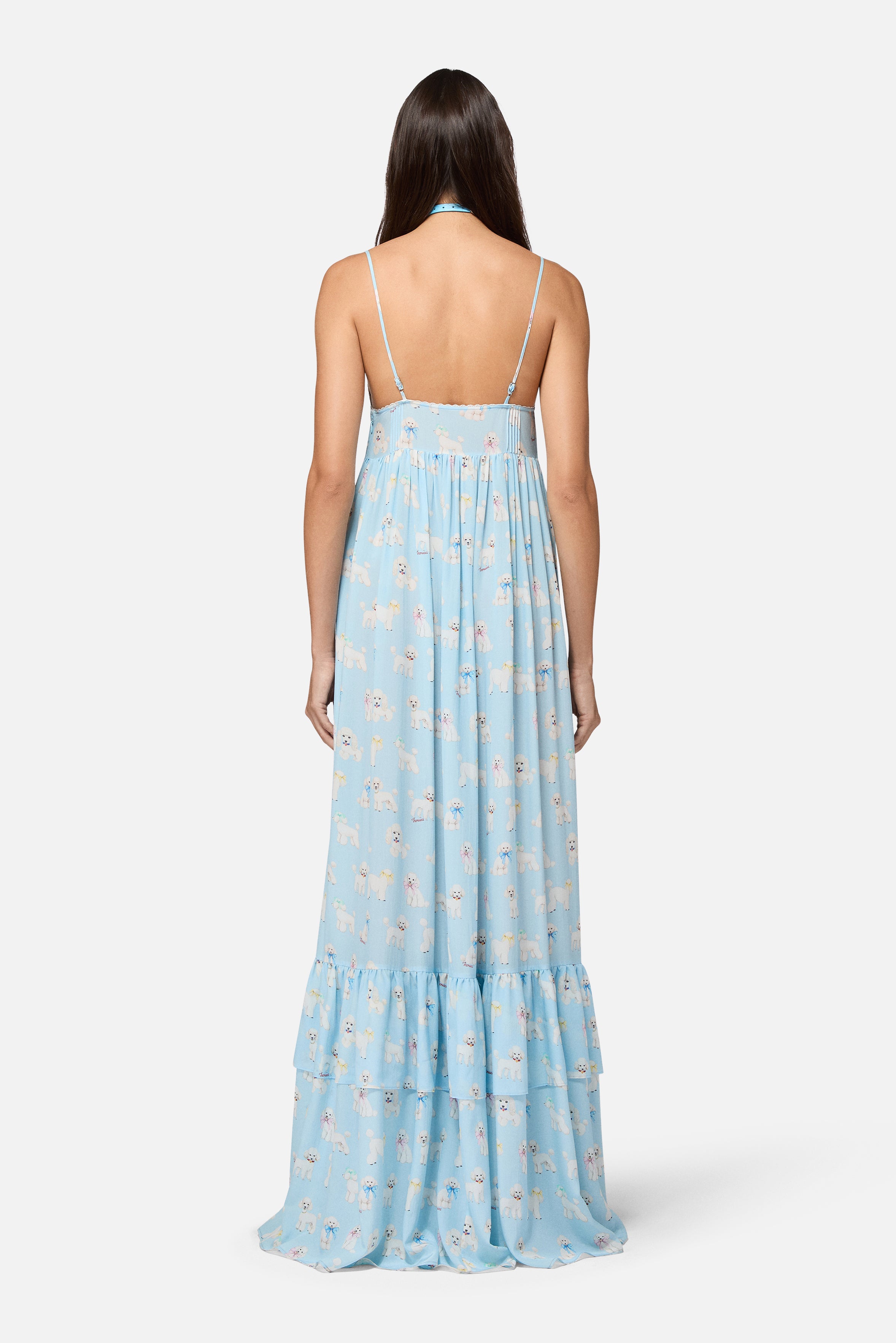 Poodle Print Maxi Dress with Ruffles Light Blue