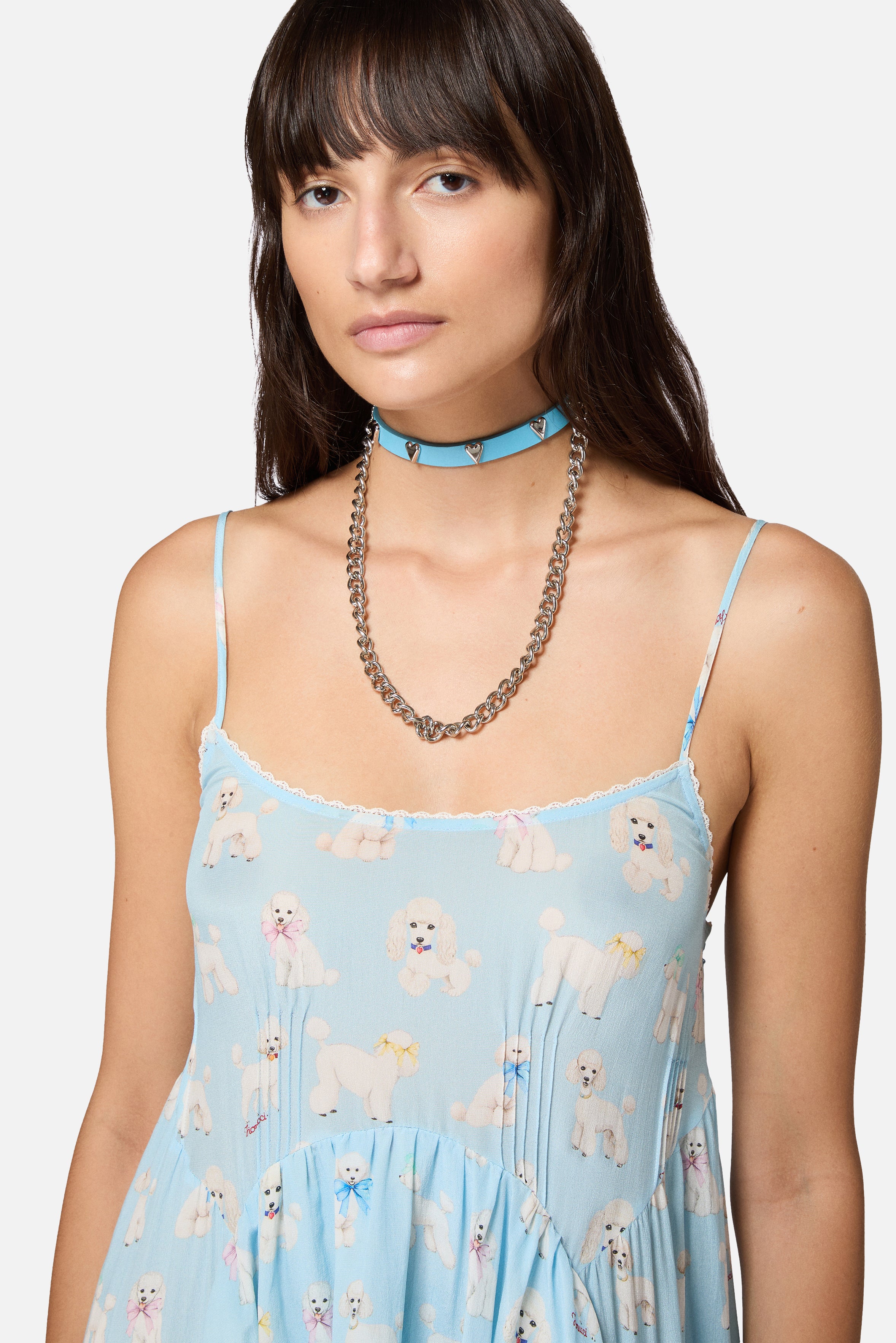 Poodle Print Maxi Dress with Ruffles Light Blue