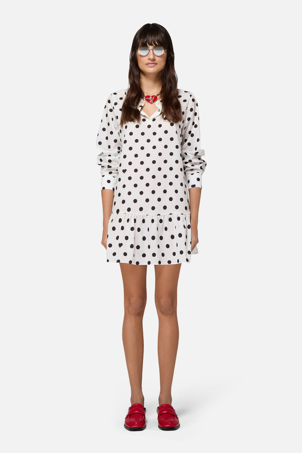 Polka Dot Crepe de Chine Ruffled Mini Dress White Polka Dot Crepe de Chine Ruffled Mini Dress White