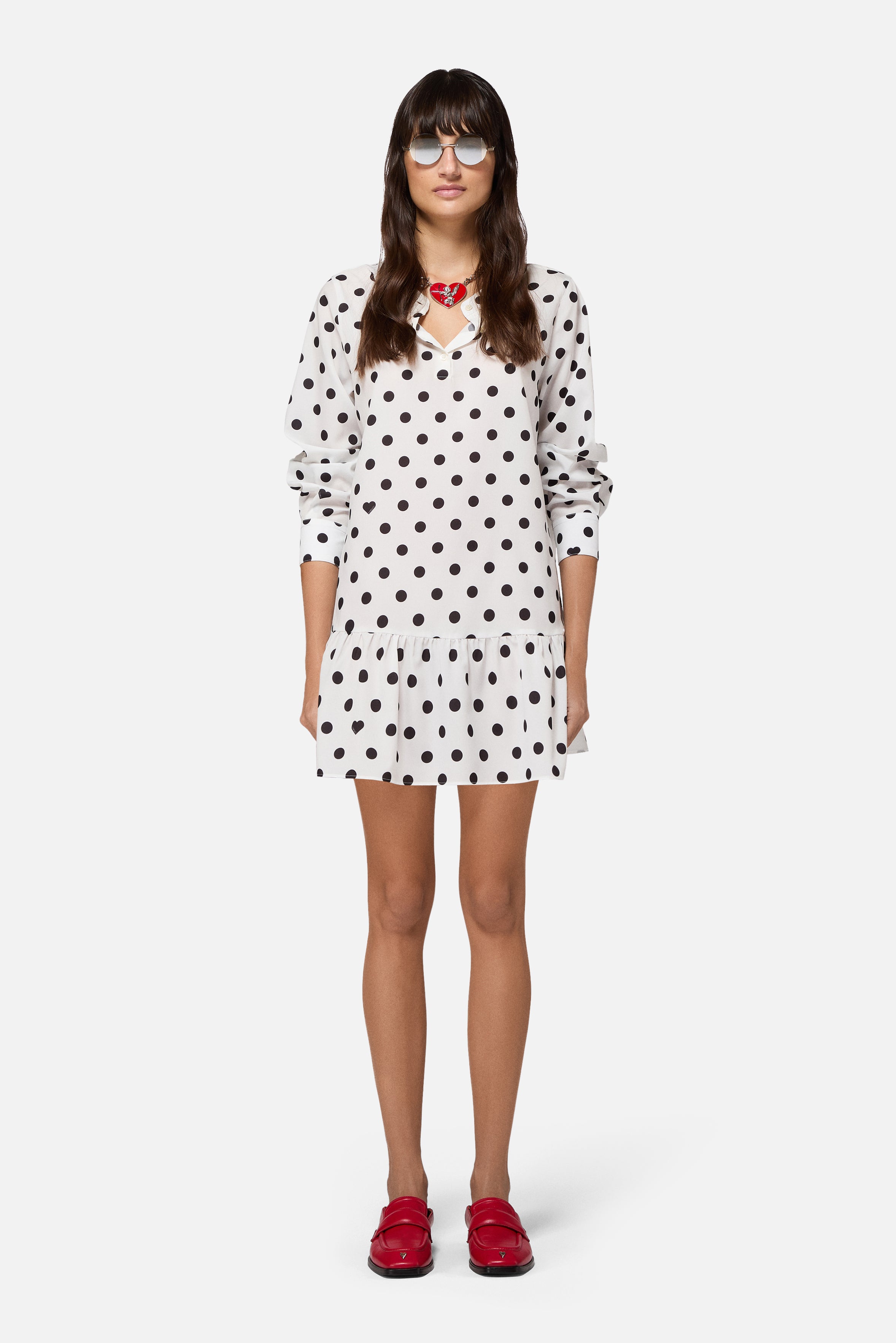 Polka Dot Crepe de Chine Ruffled Mini Dress White