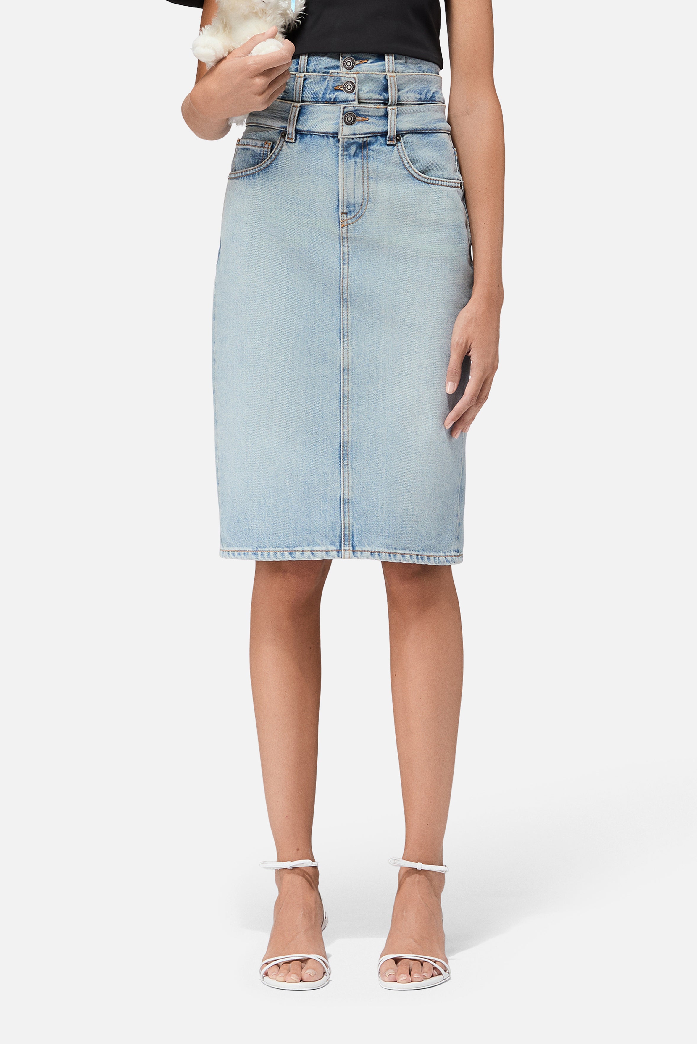 Triple Layer Denim Midi Skirt Light Blue