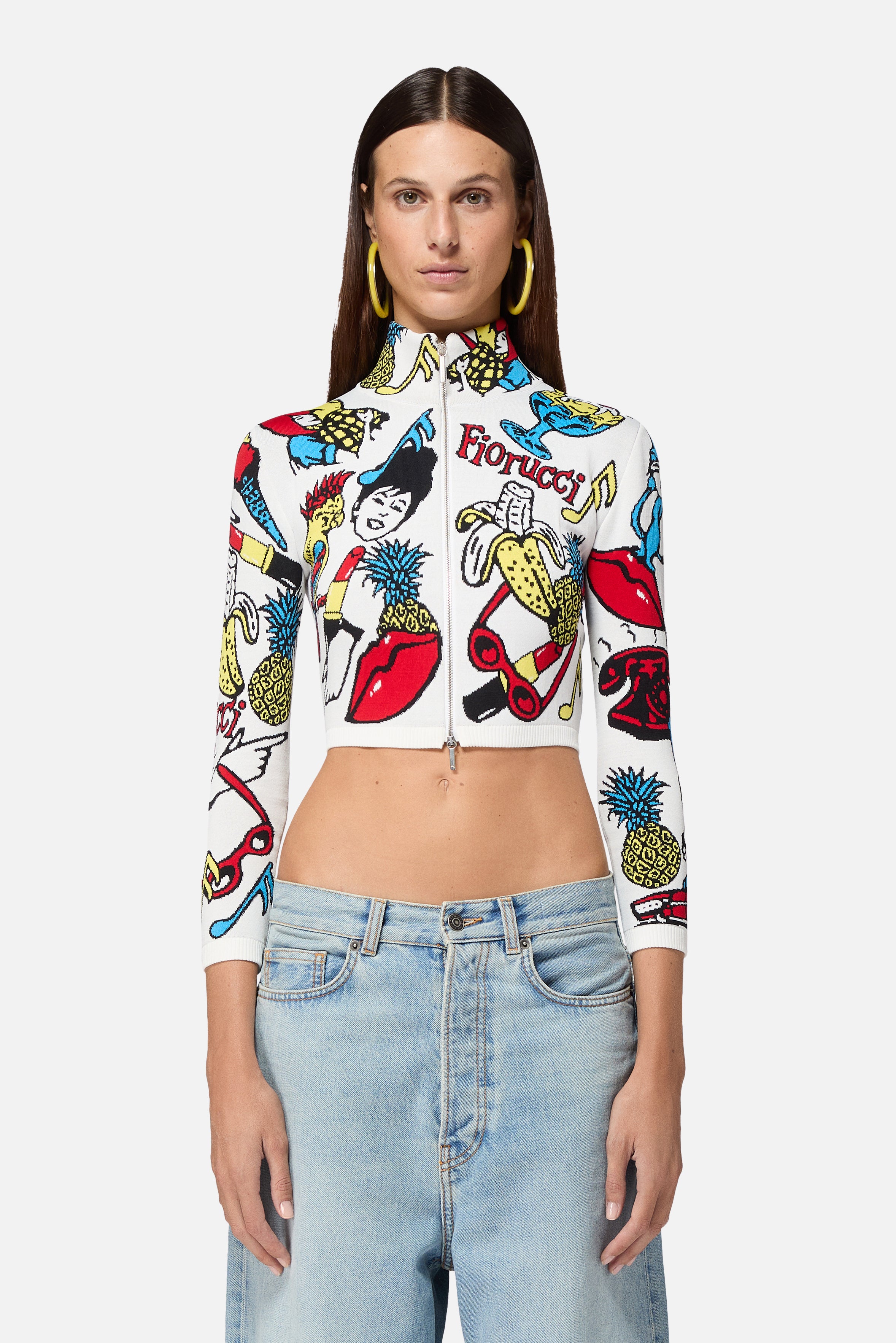 Toys Print Knit Zipped Crop Top White