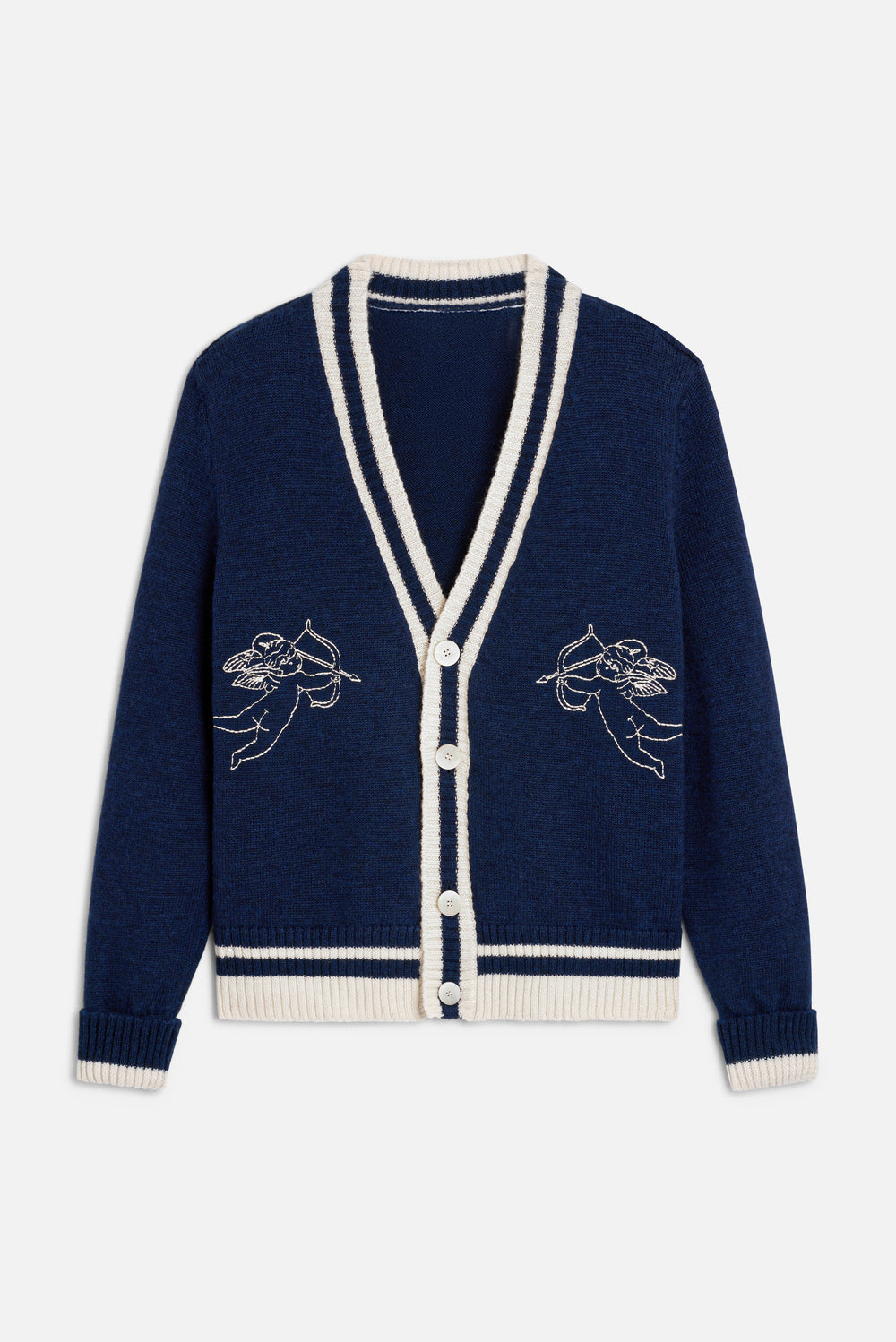 Double Cupid Embroidered Wool Cardigan Navy