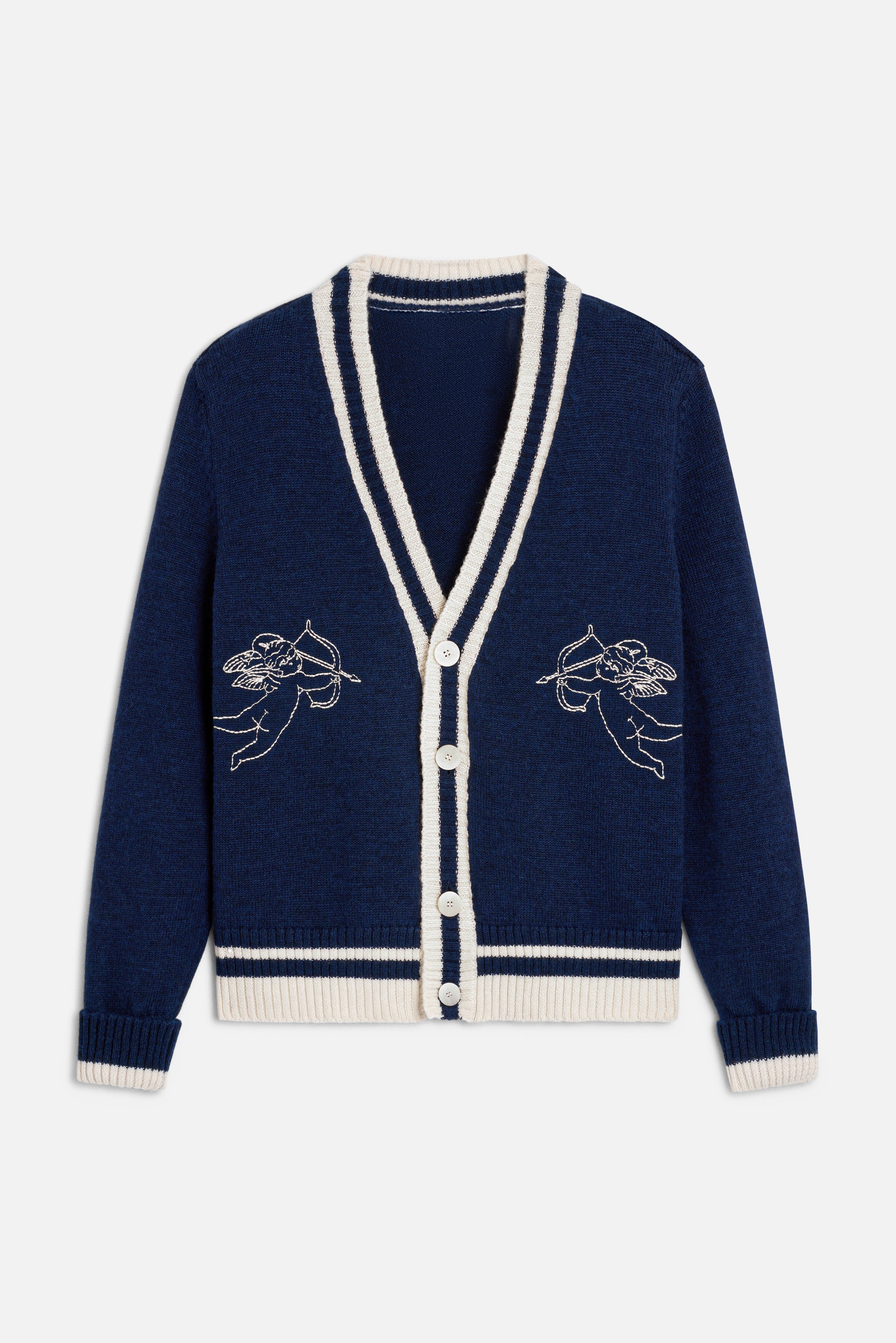 Double Cupid Embroidered Wool Cardigan Navy