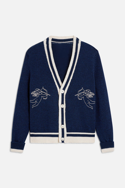Double Cupid Embroidered Wool Cardigan Navy | Fiorucci