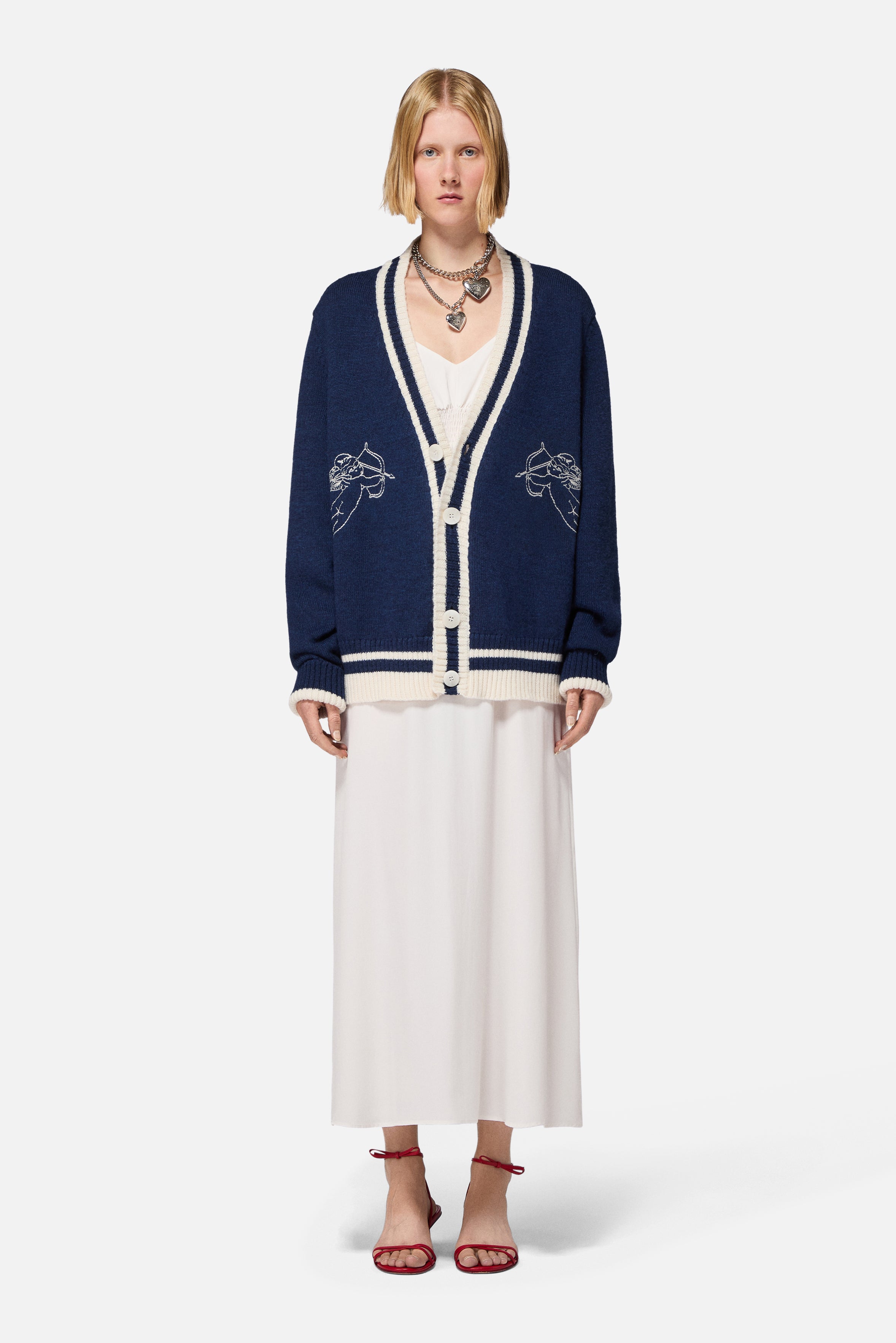Double Cupid Embroidered Wool Cardigan Navy
