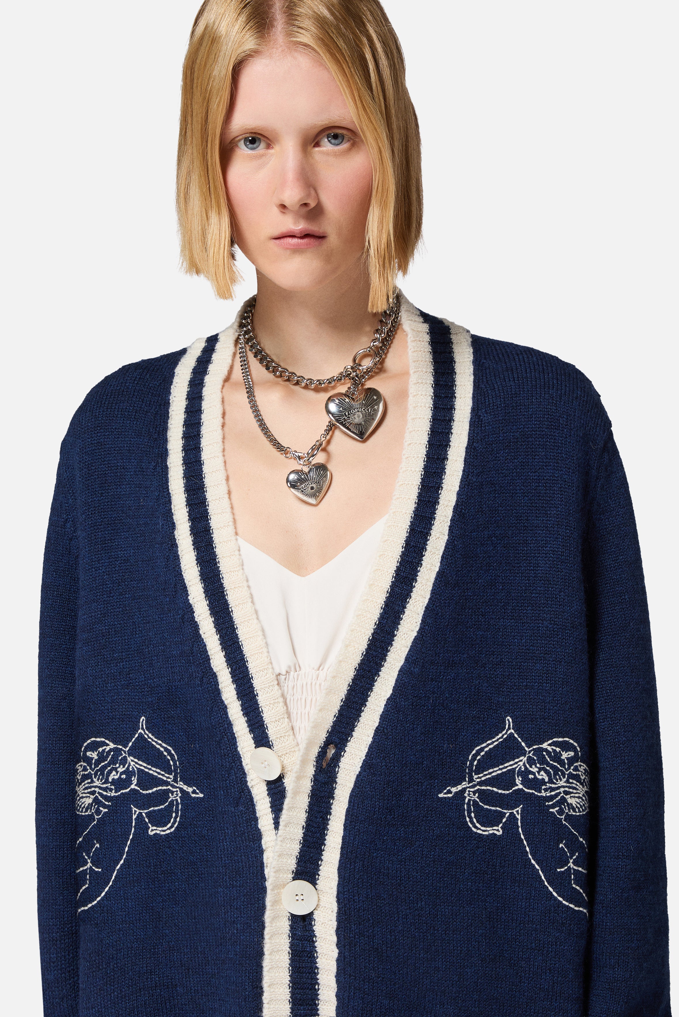 Double Cupid Embroidered Wool Cardigan Navy
