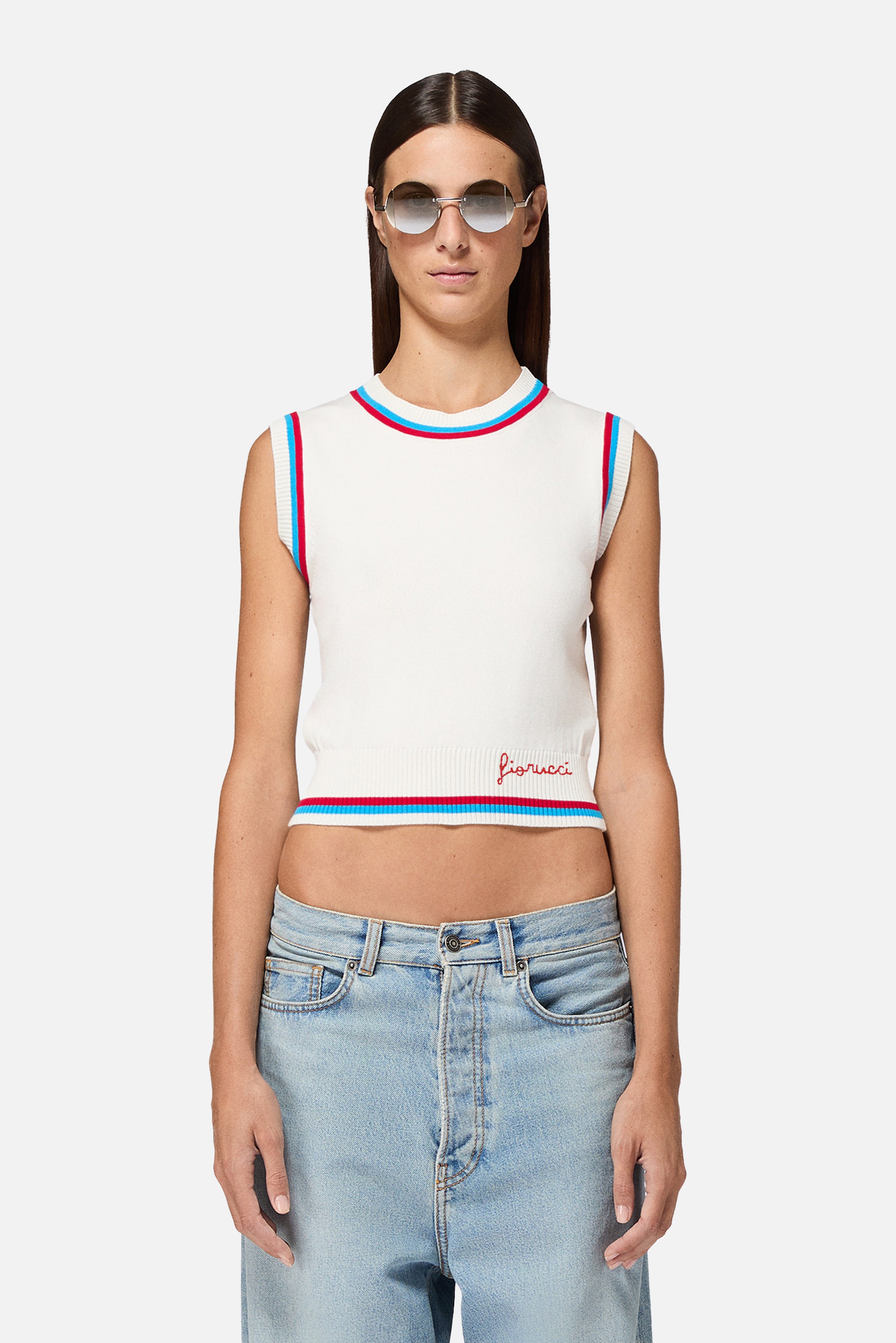 Contrast Trims Knit Tank Top White