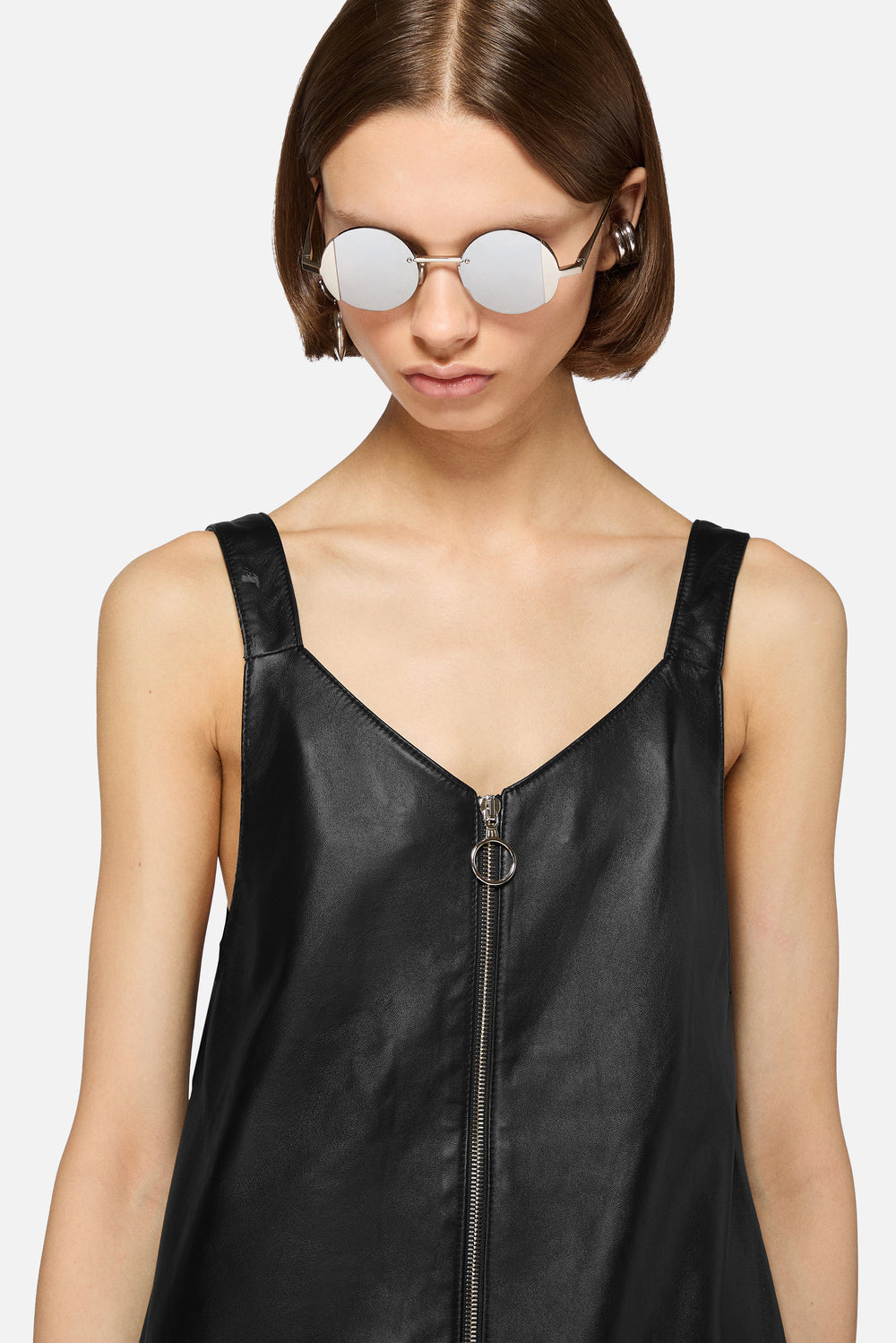 Leather Zippered Mini Dress Black