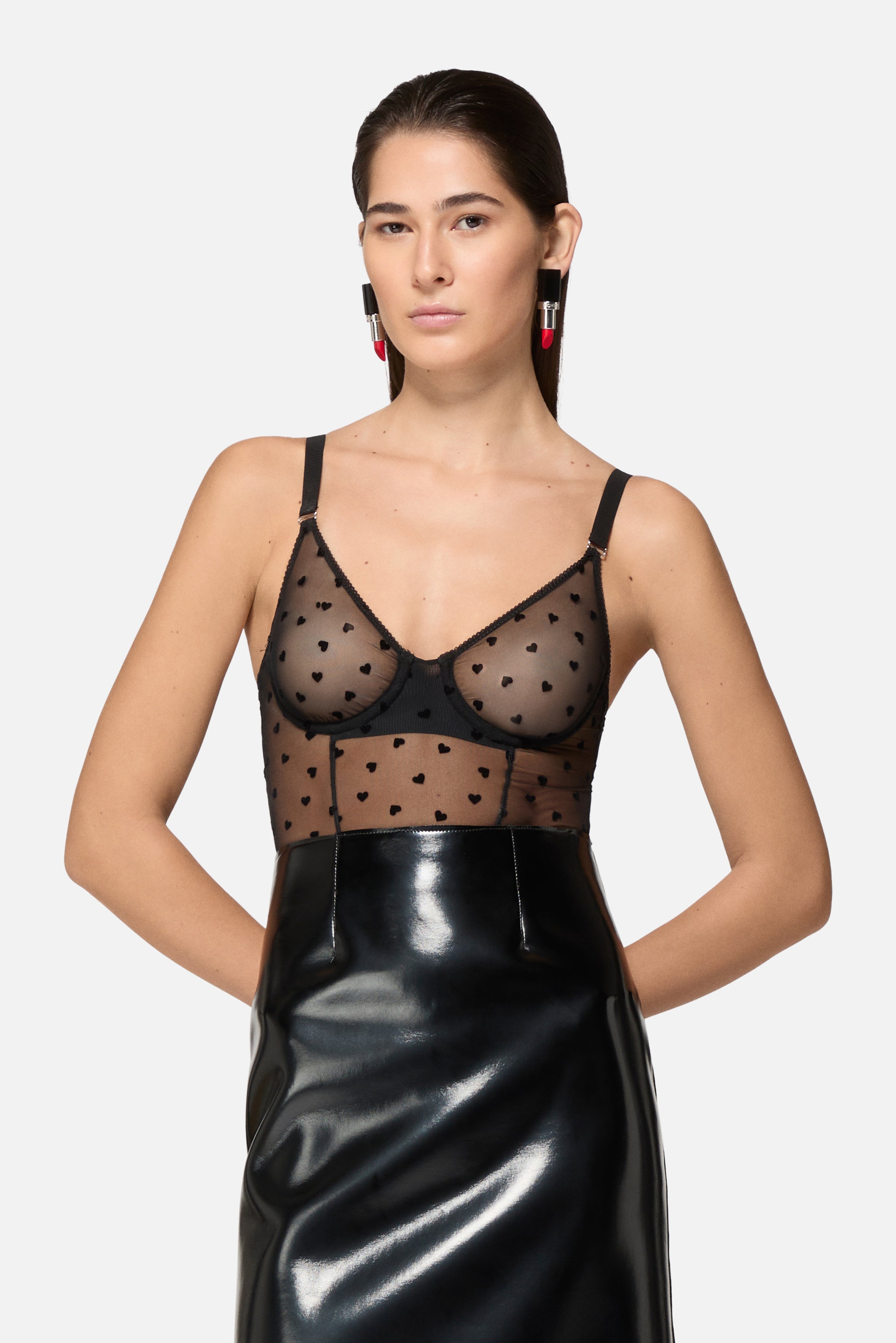 Tulle Bodysuit with Flocked Hearts Black | Fiorucci