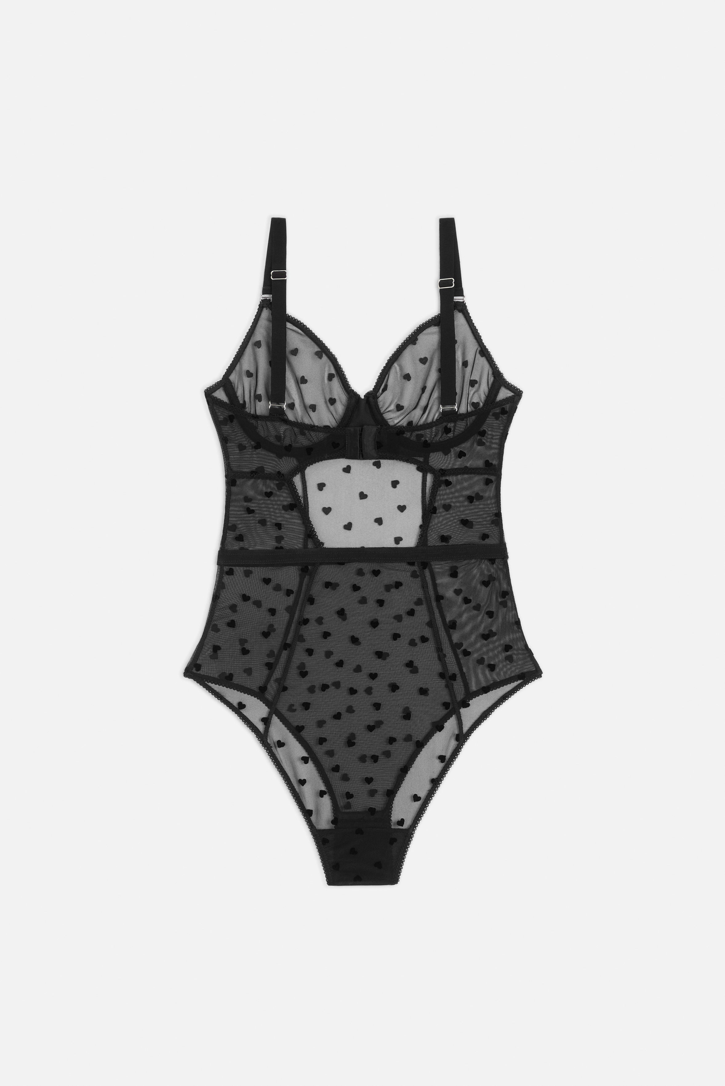 Tulle Bodysuit with Flocked Hearts Black