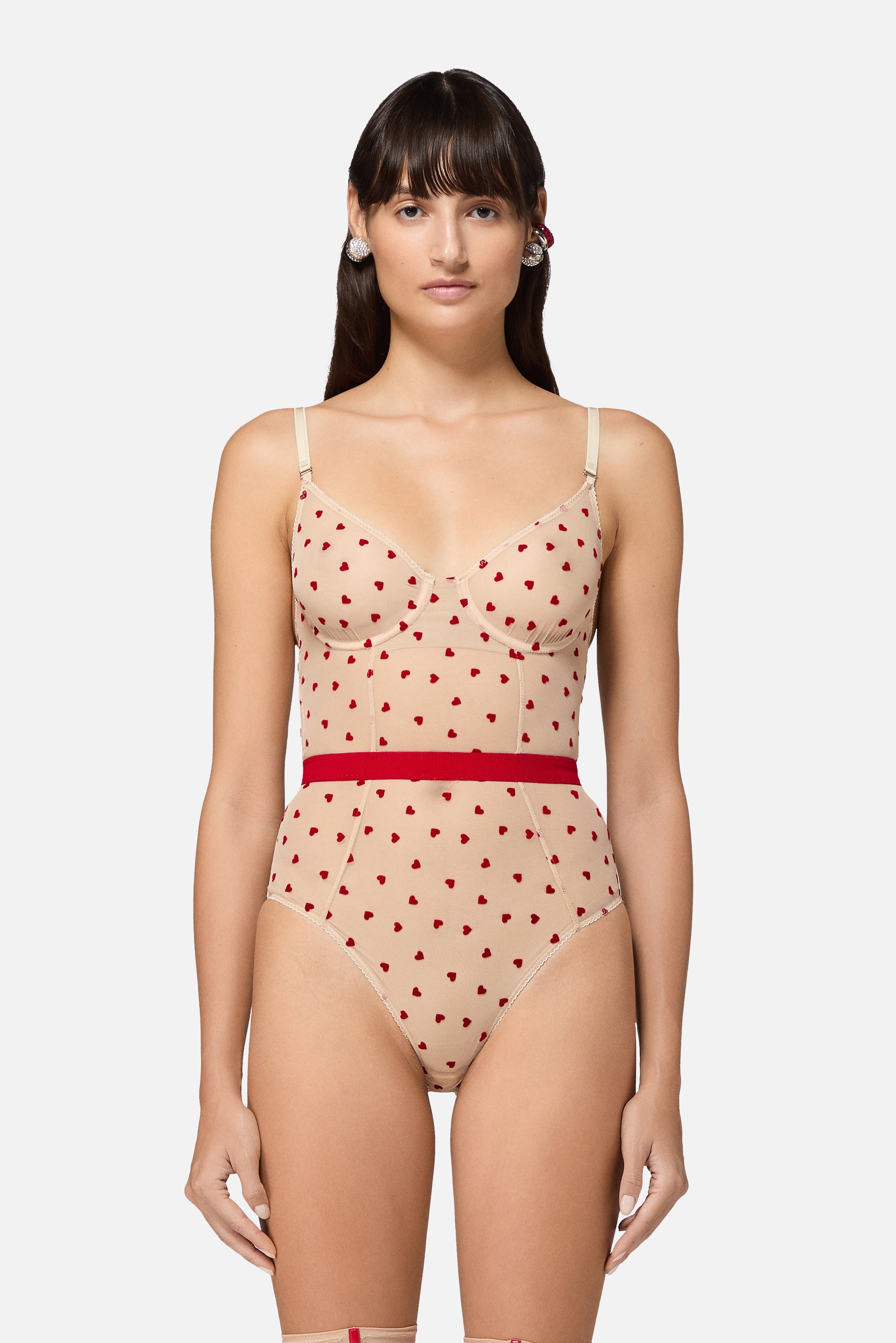 Body in Tulle con Cuori Ricamati Nude