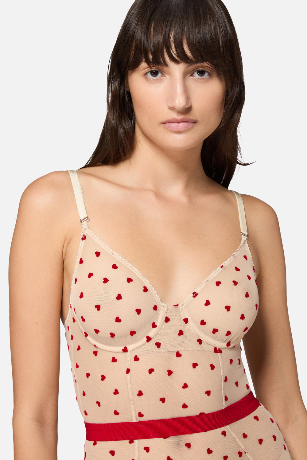 Body in Tulle con Cuori Ricamati Nude
