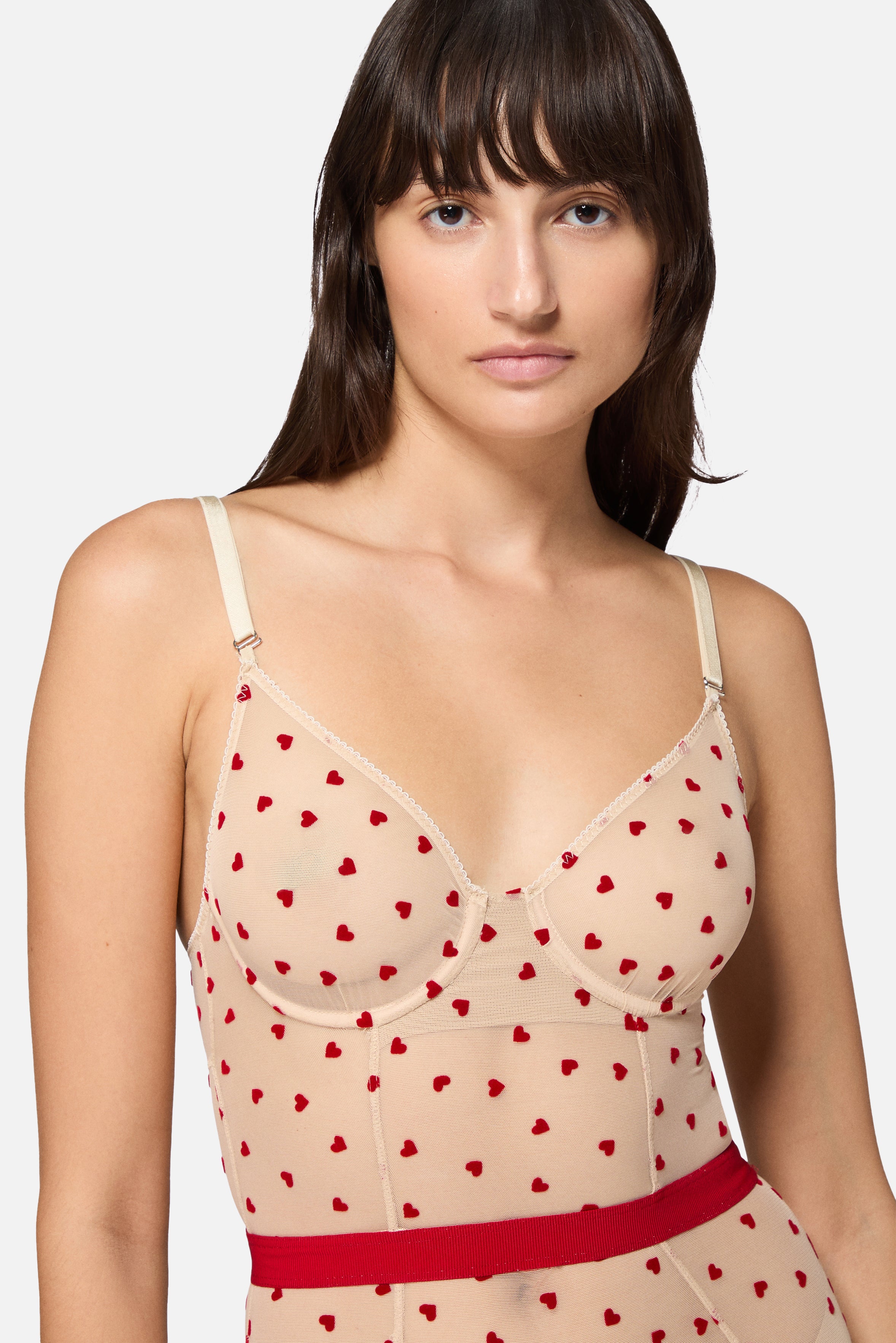 Body in Tulle con Cuori Ricamati Nude