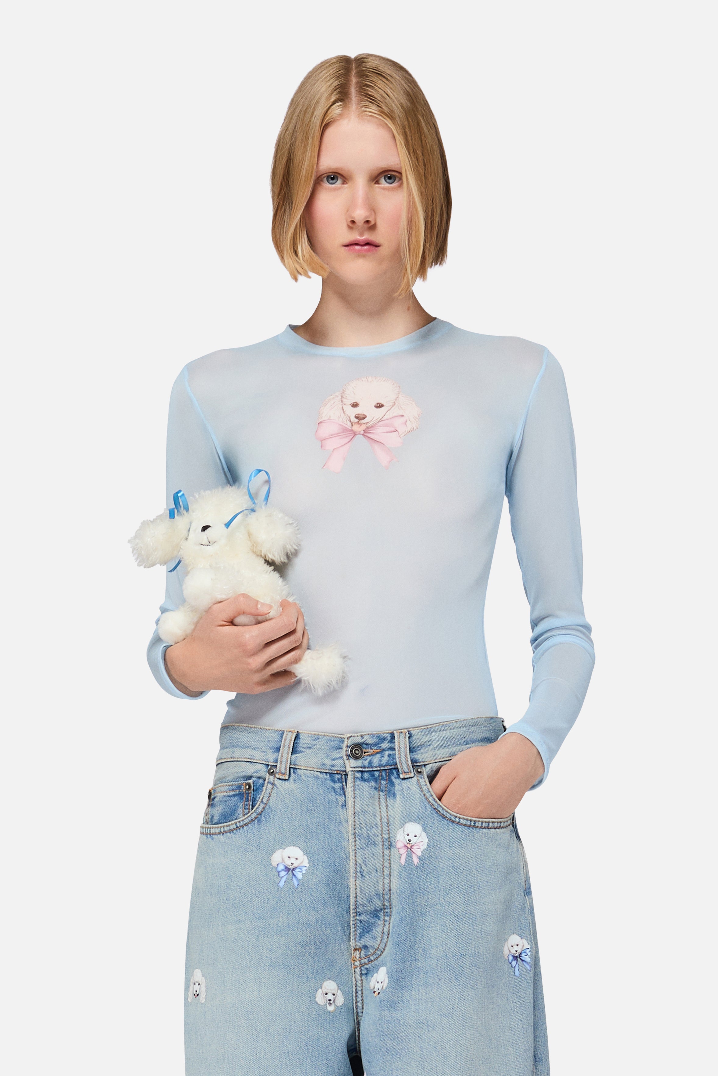 Poodle Tulle Long Sleeves Top Light Blue