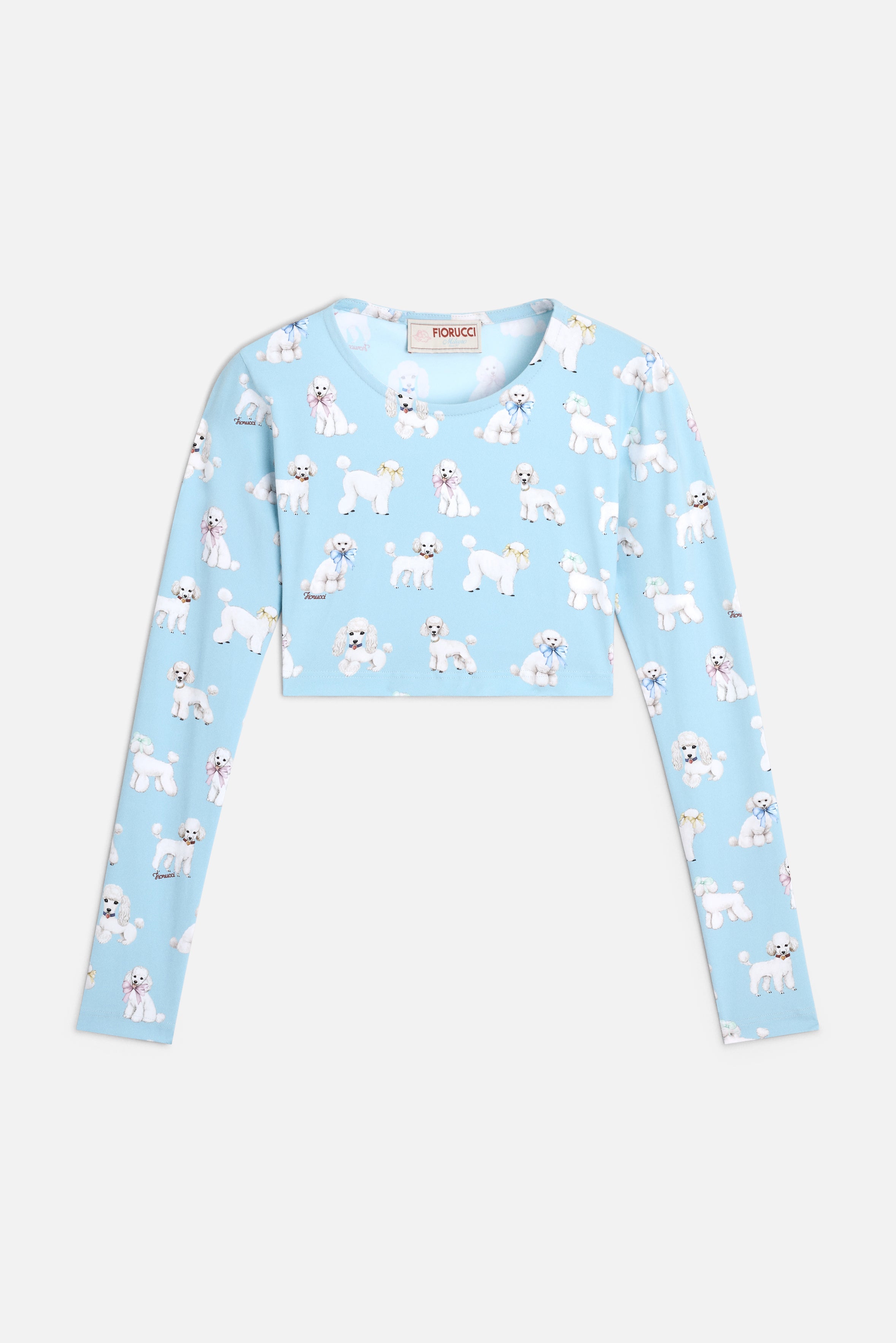 Poodle Print Long Sleeve Crop Top Light Blue