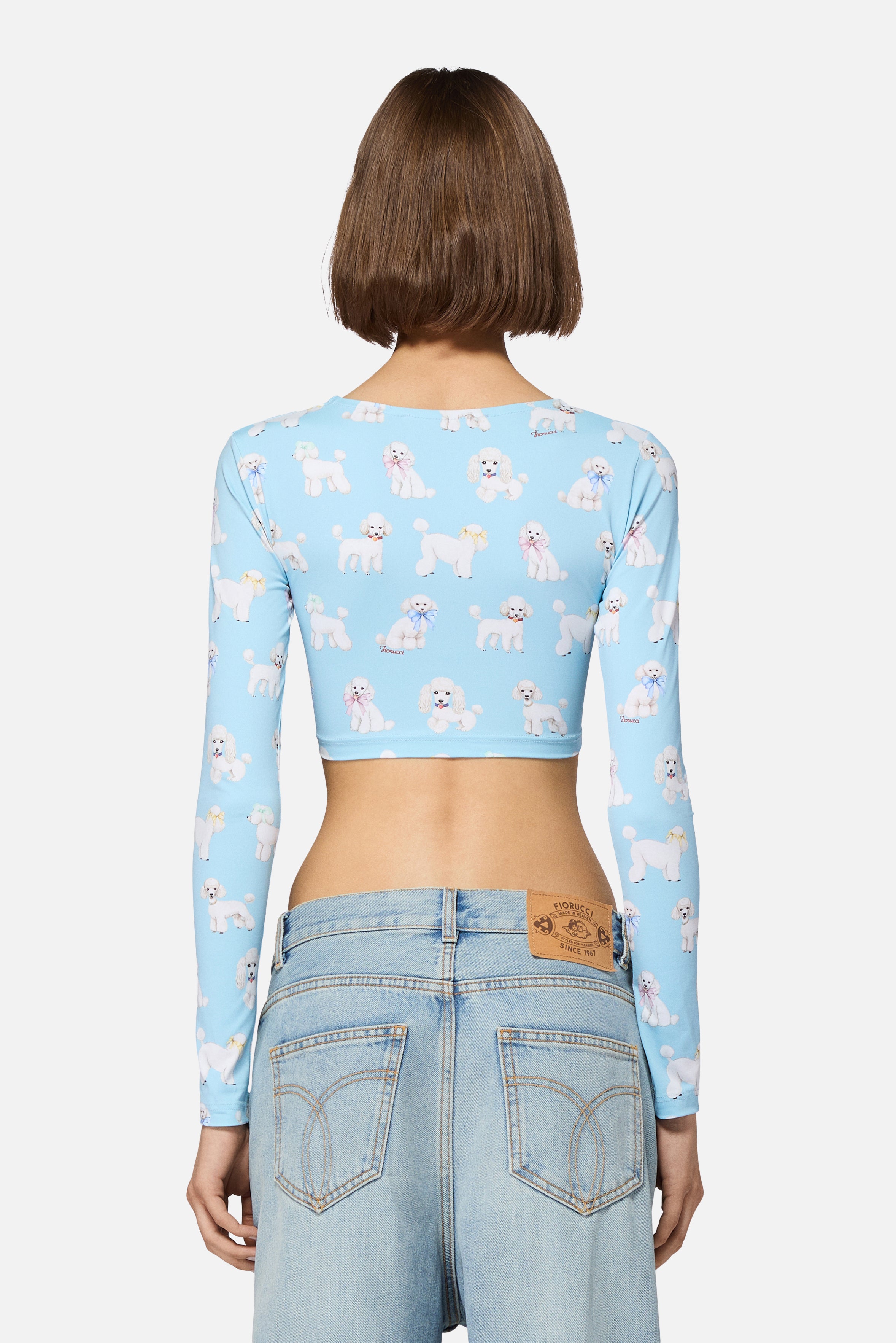 Poodle Print Long Sleeve Crop Top Light Blue