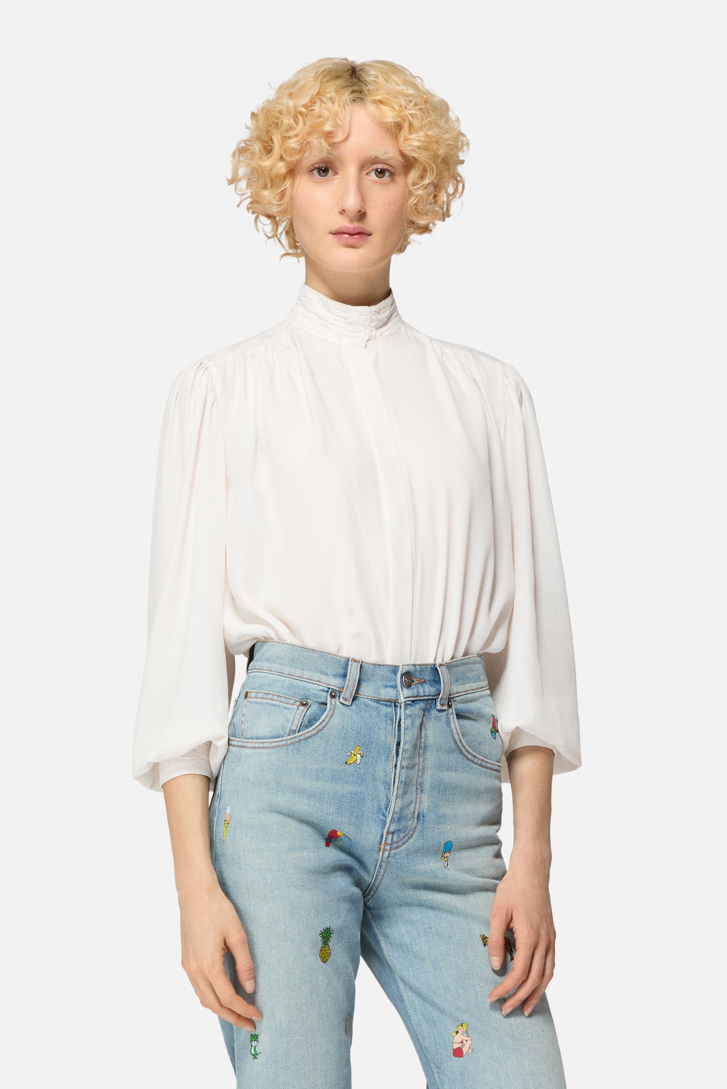 High Collar Long Blouse White