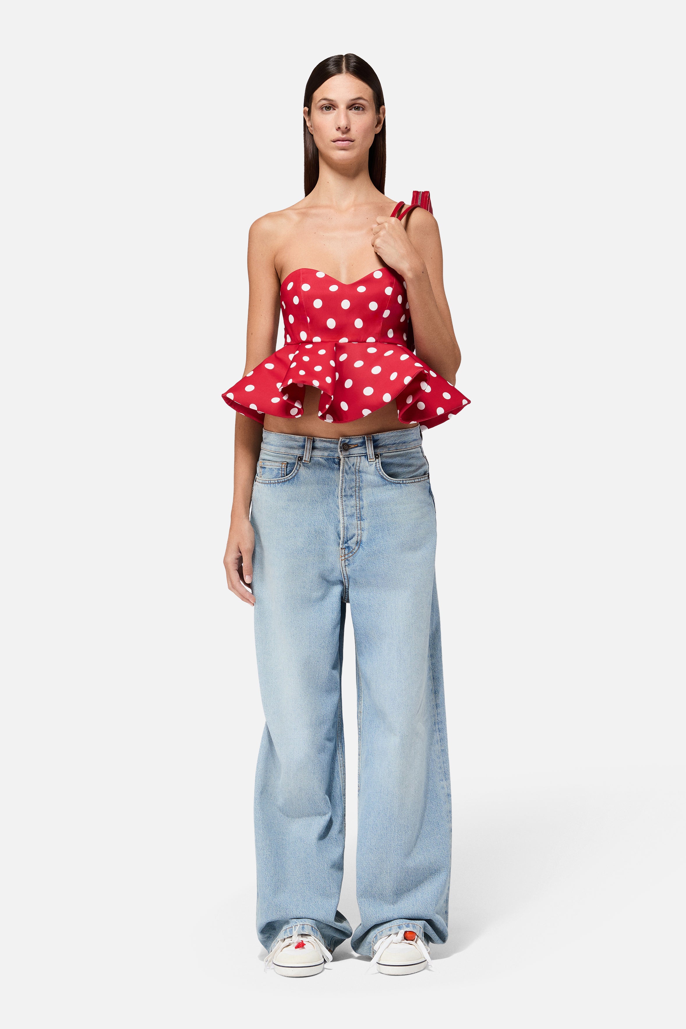Crop Top a Pois con Balza Rosso